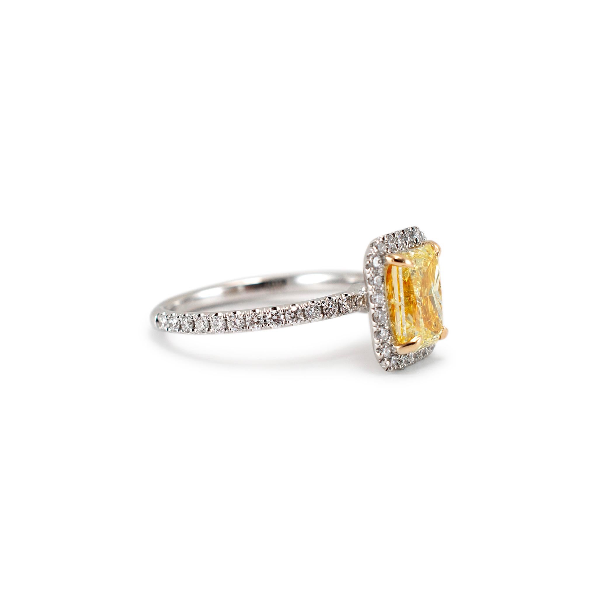 18K White Gold Radiant Cut GIA Fancy Yellow Diamond Halo White Engagement Ring In Excellent Condition For Sale In Houston, TX