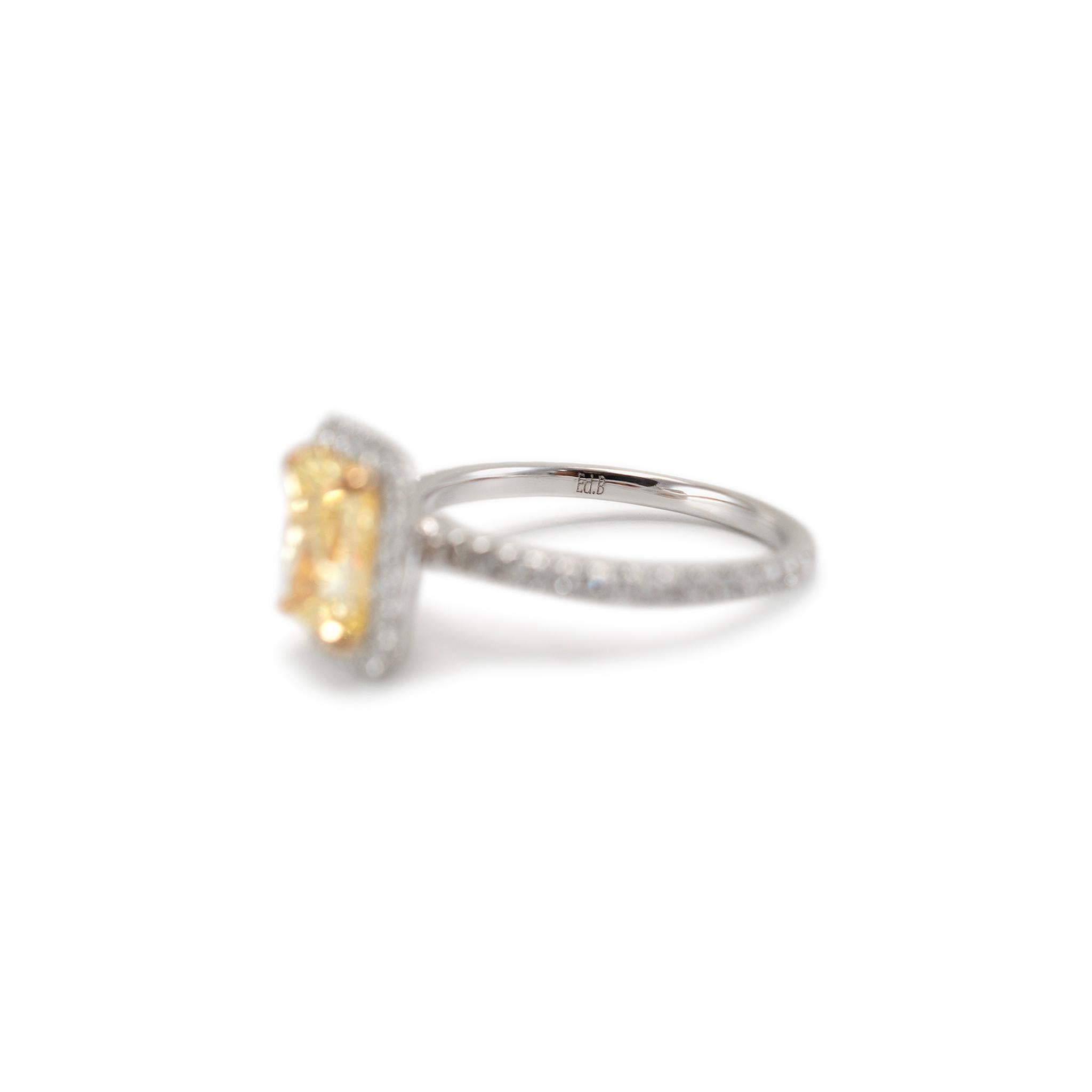 18K White Gold Radiant Cut GIA Fancy Yellow Diamond Halo White Engagement Ring For Sale 1