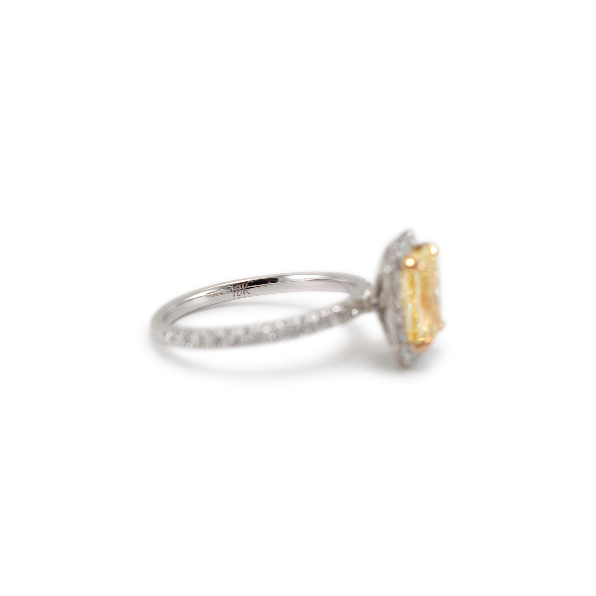 18K White Gold Radiant Cut GIA Fancy Yellow Diamond Halo White Engagement Ring For Sale 2