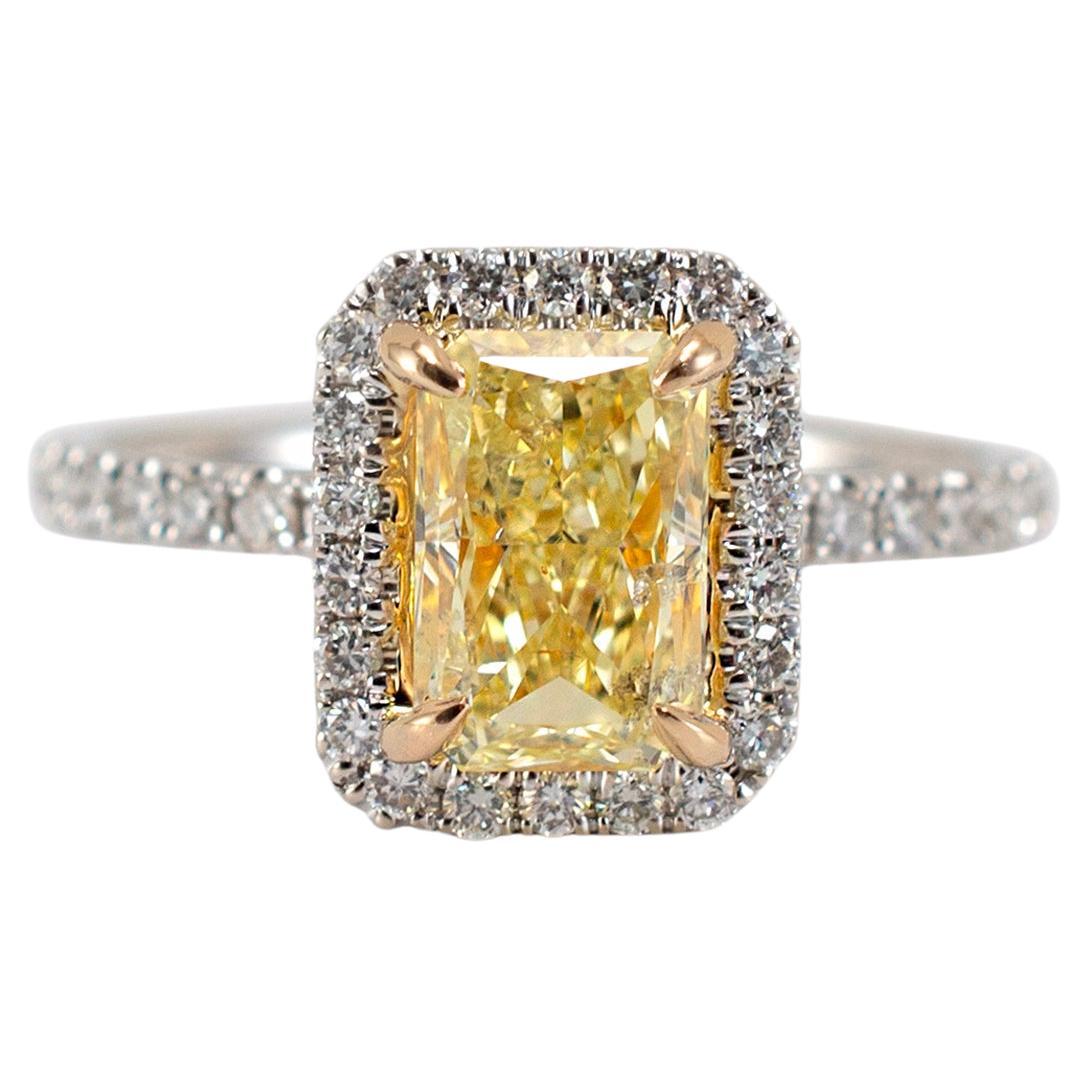 18K White Gold Radiant Cut GIA Fancy Yellow Diamond Halo White Engagement Ring