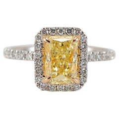 18K White Gold Radiant Cut GIA Fancy Yellow Diamond Halo White Engagement Ring