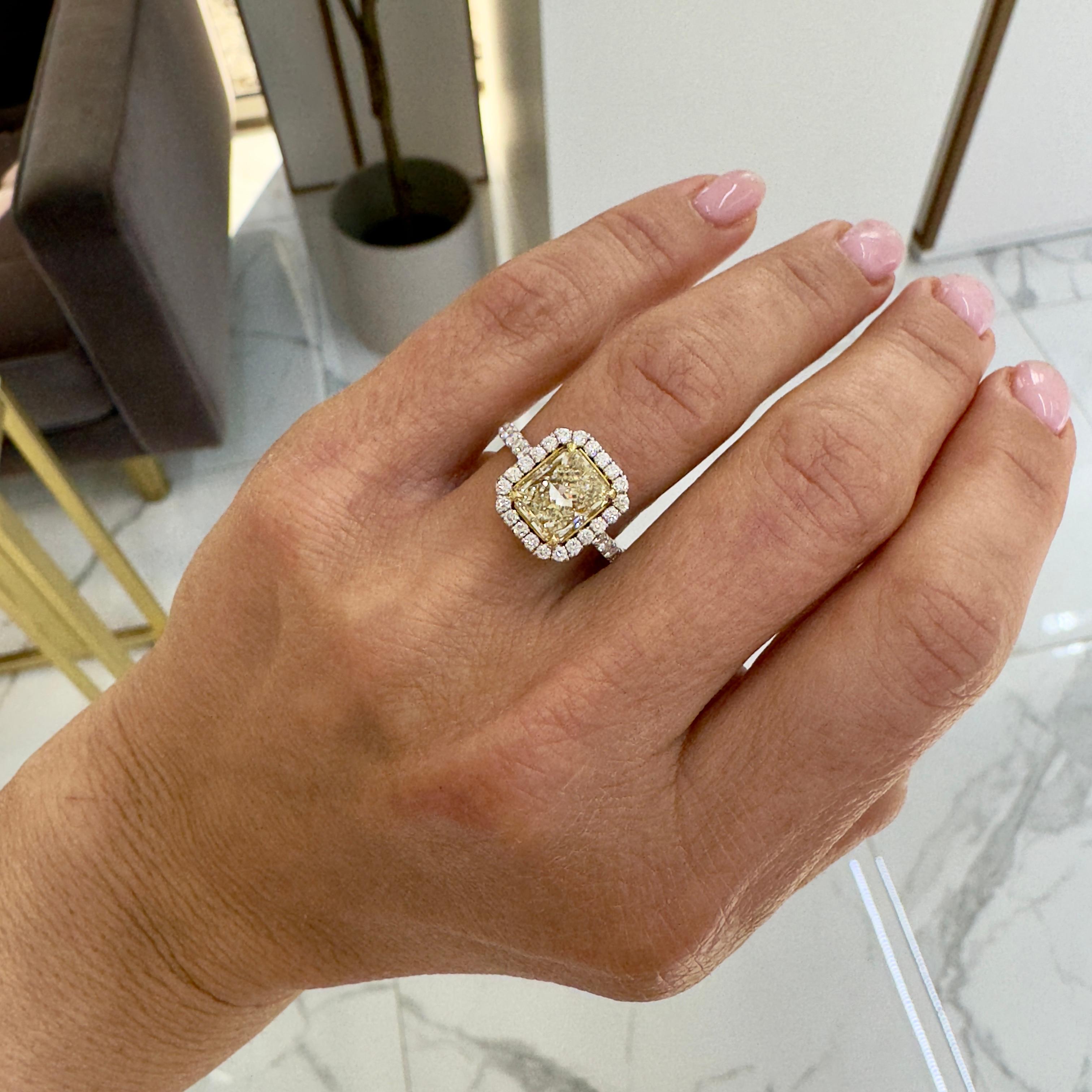 18K White Gold Radiant Cut Yellow Diamond Halo Accented White Engagement Ring For Sale 6