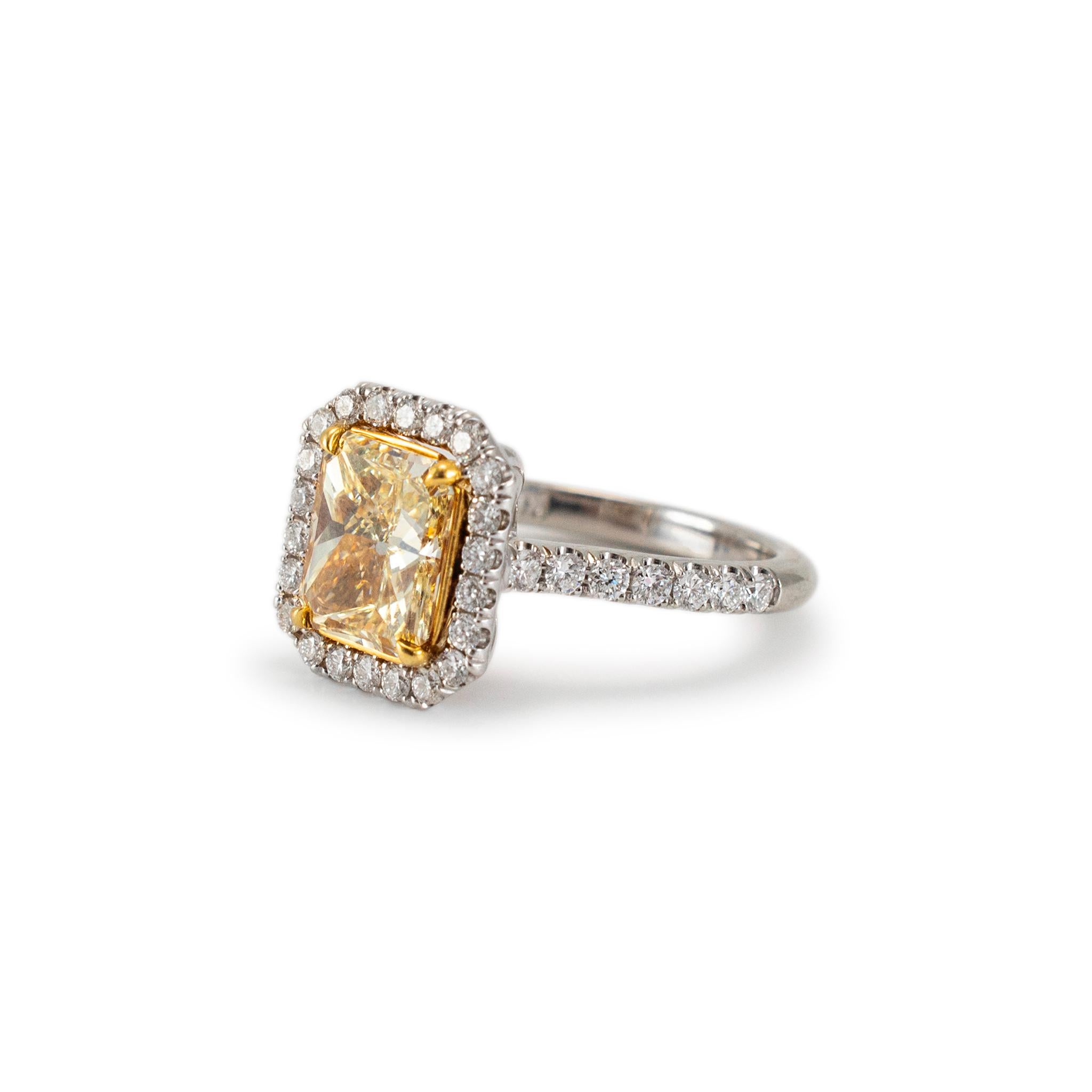 18K White Gold Radiant Cut Yellow Diamond Halo Accented White Engagement Ring In Excellent Condition For Sale In Houston, TX