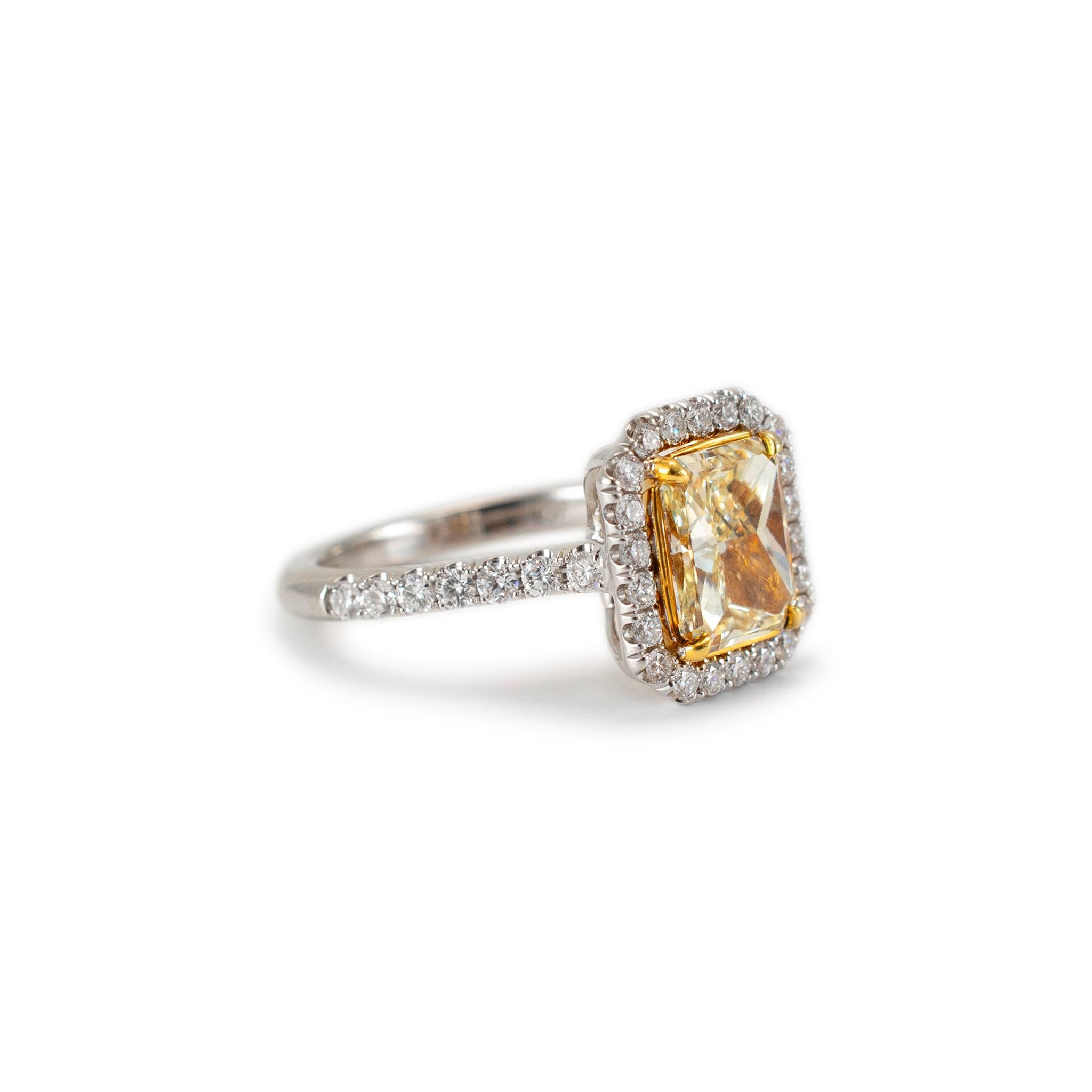 Women's 18K White Gold Radiant Cut Yellow Diamond Halo Accented White Engagement Ring For Sale