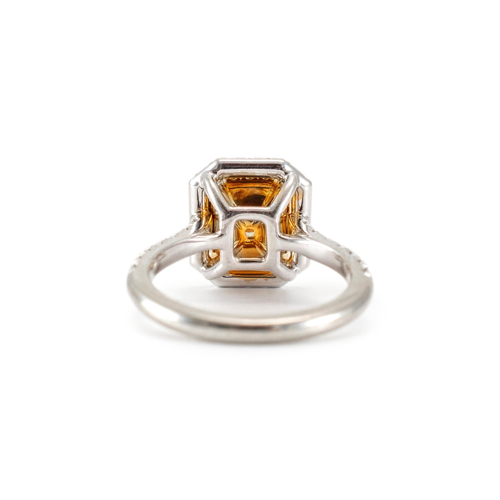 18K White Gold Radiant Cut Yellow Diamond Halo Accented White Engagement Ring For Sale 1