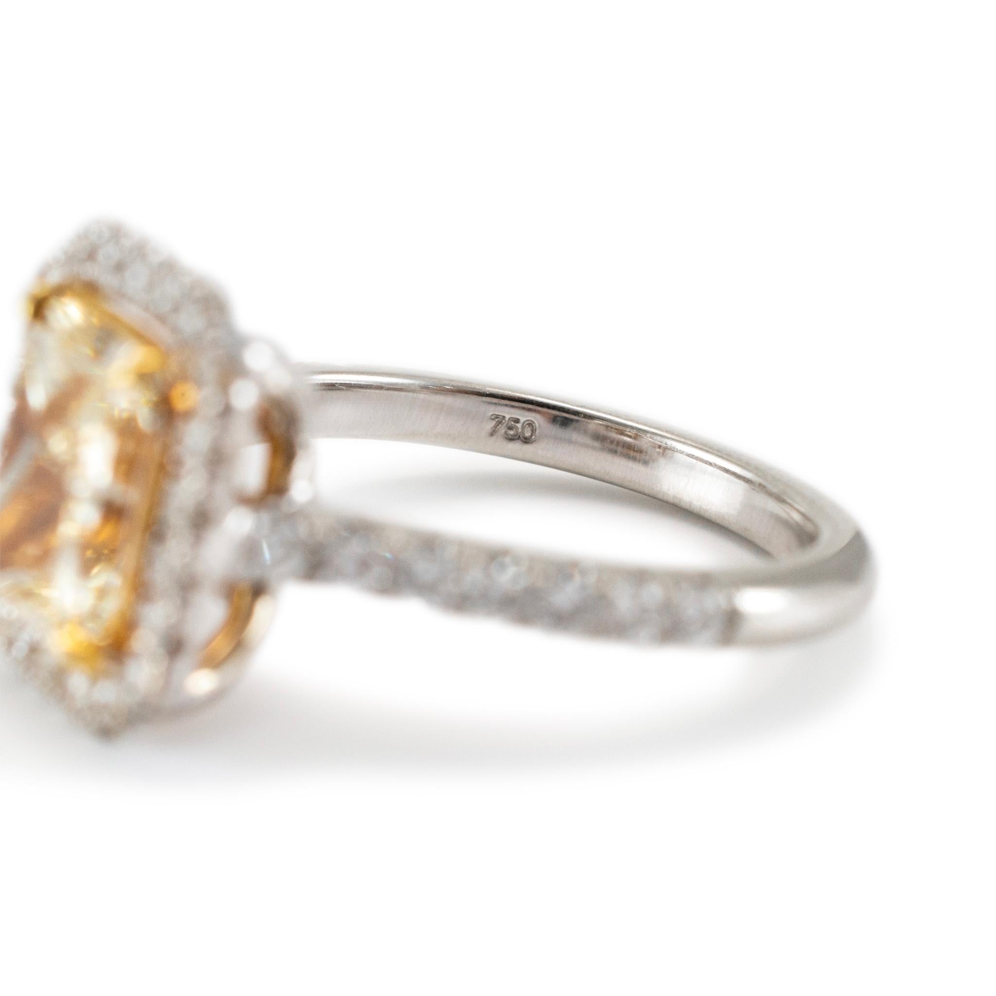 18K White Gold Radiant Cut Yellow Diamond Halo Accented White Engagement Ring For Sale 3