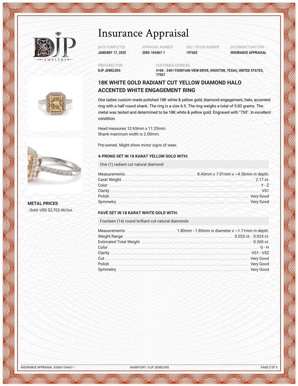 18K White Gold Radiant Cut Yellow Diamond Halo Accented White Engagement Ring For Sale 4