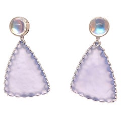 18k White Gold Rainbow Moonstone Studs with Chalcedony Jackets