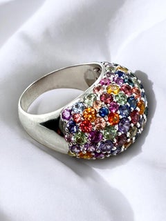 18K White Gold Rainbow Sapphire Dome Ring
