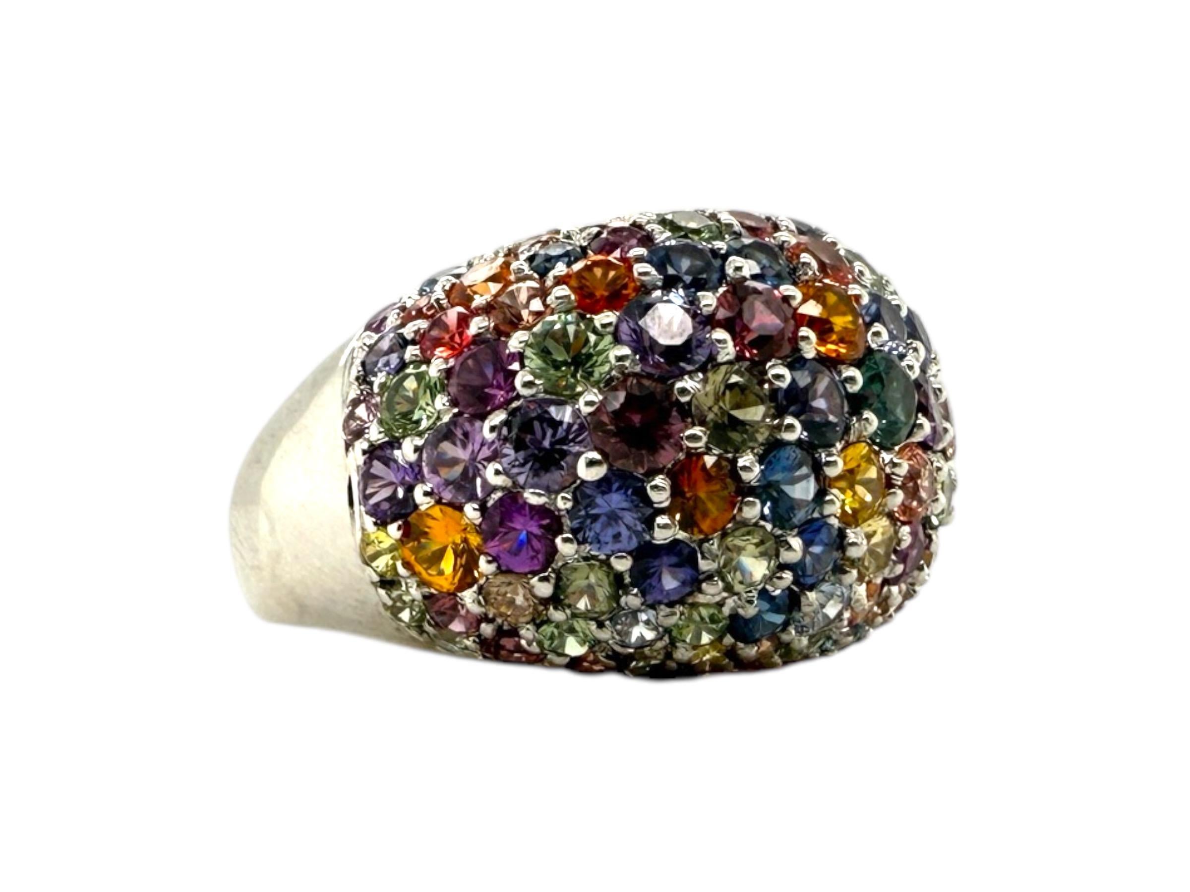 Contemporary 18K White Gold Rainbow Sapphire Dome Ring For Sale