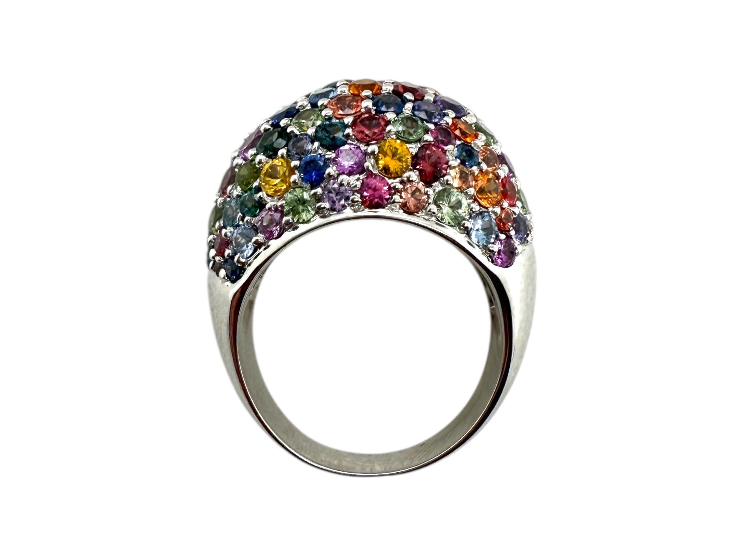 Women's 18K White Gold Rainbow Sapphire Dome Ring For Sale