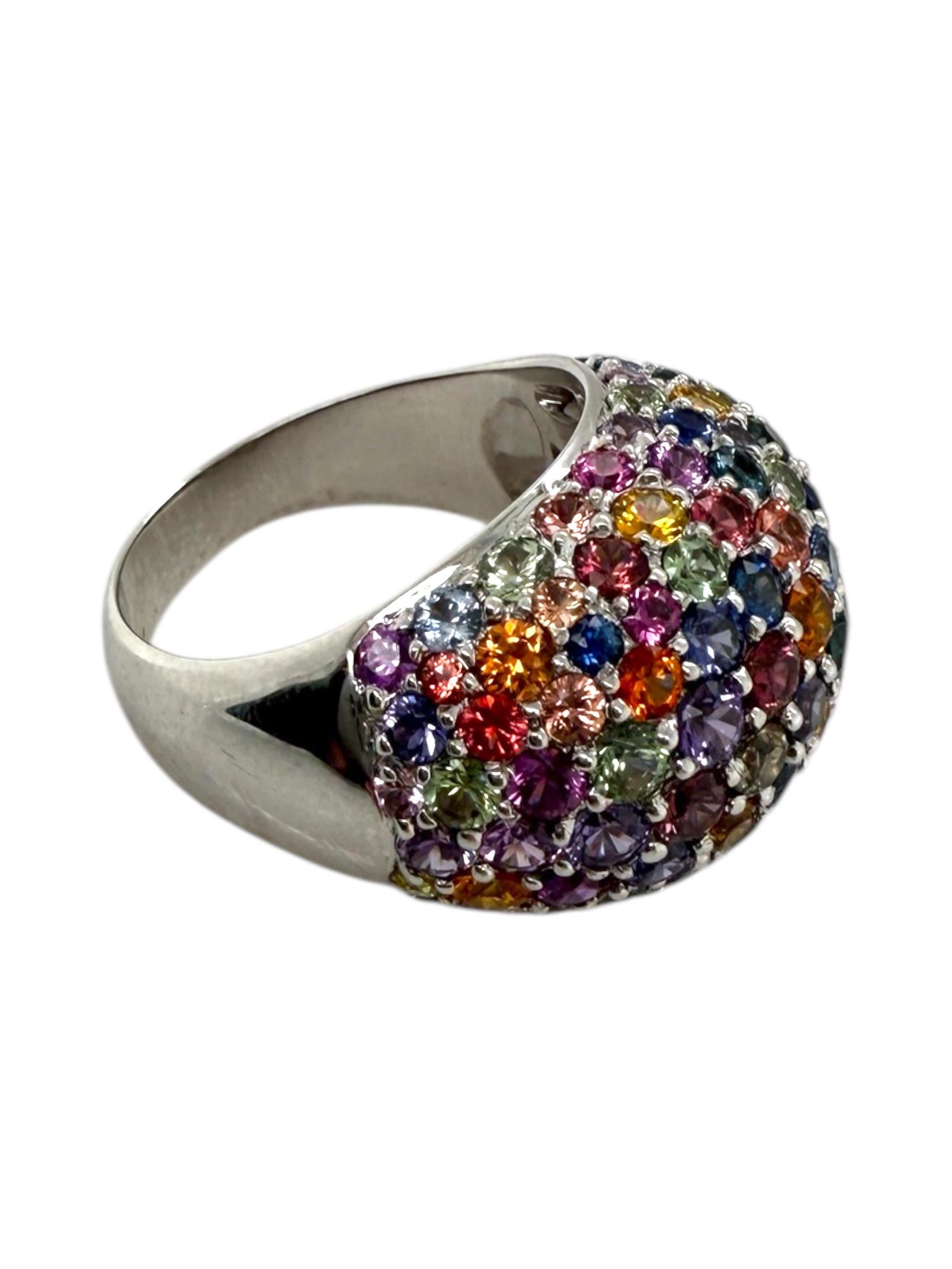 18K White Gold Rainbow Sapphire Dome Ring For Sale 1