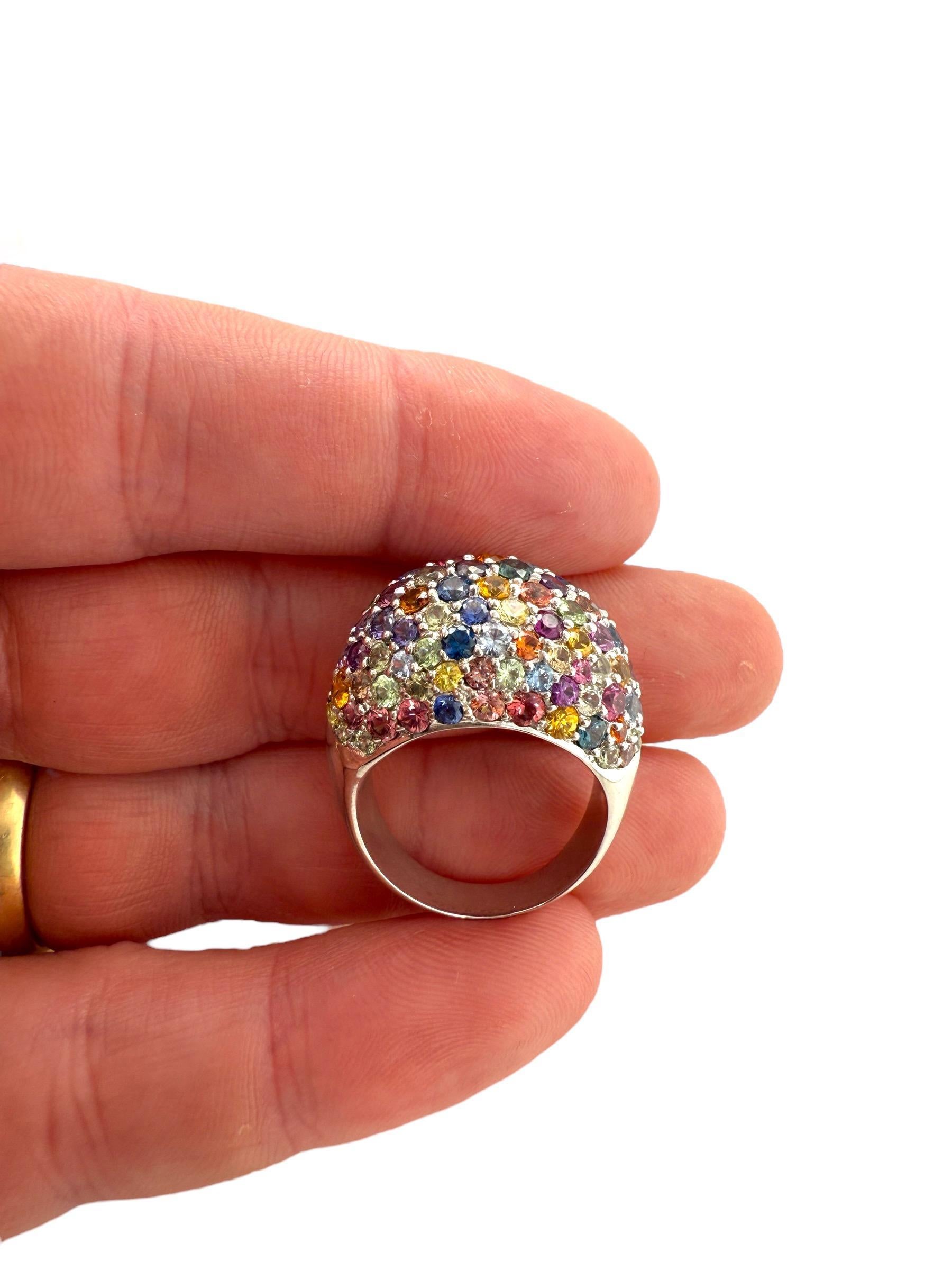 18K White Gold Rainbow Sapphire Dome Ring For Sale 2