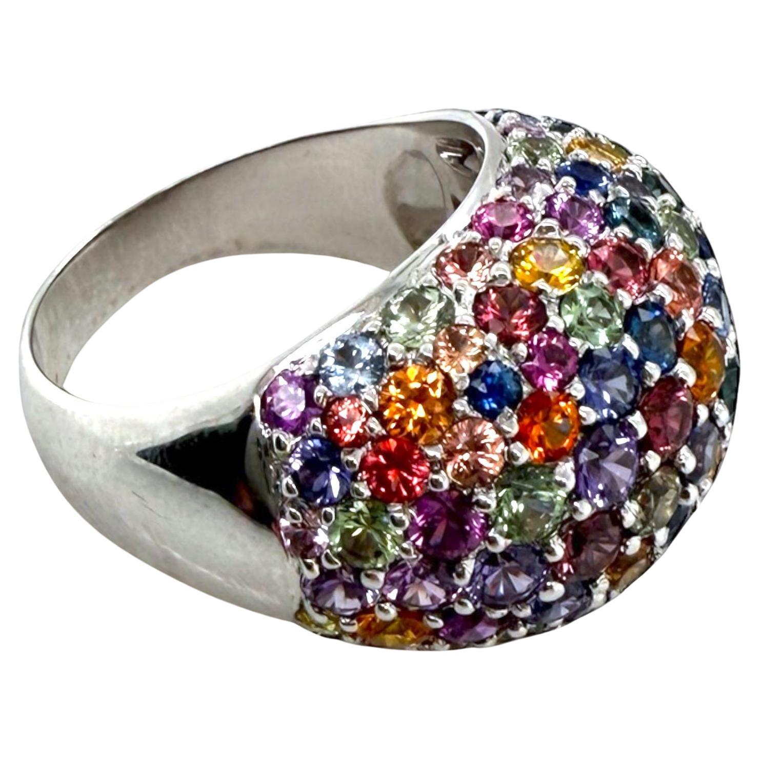 18K White Gold Rainbow Sapphire Dome Ring
