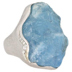 18K White Gold Raw Aquamarine and Round Brilliant Cut Diamonds Large Ring