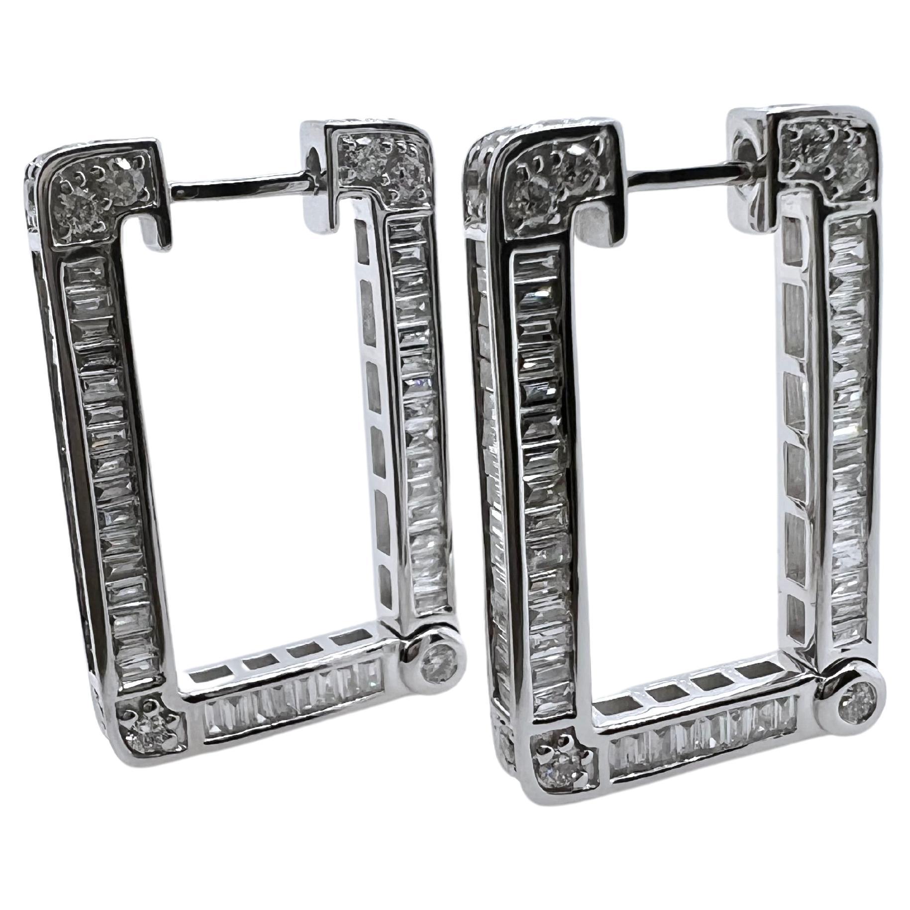Contemporary 18k White Gold Rectangular Hoop Earrings with 3 Sides of Diamonds For Sale