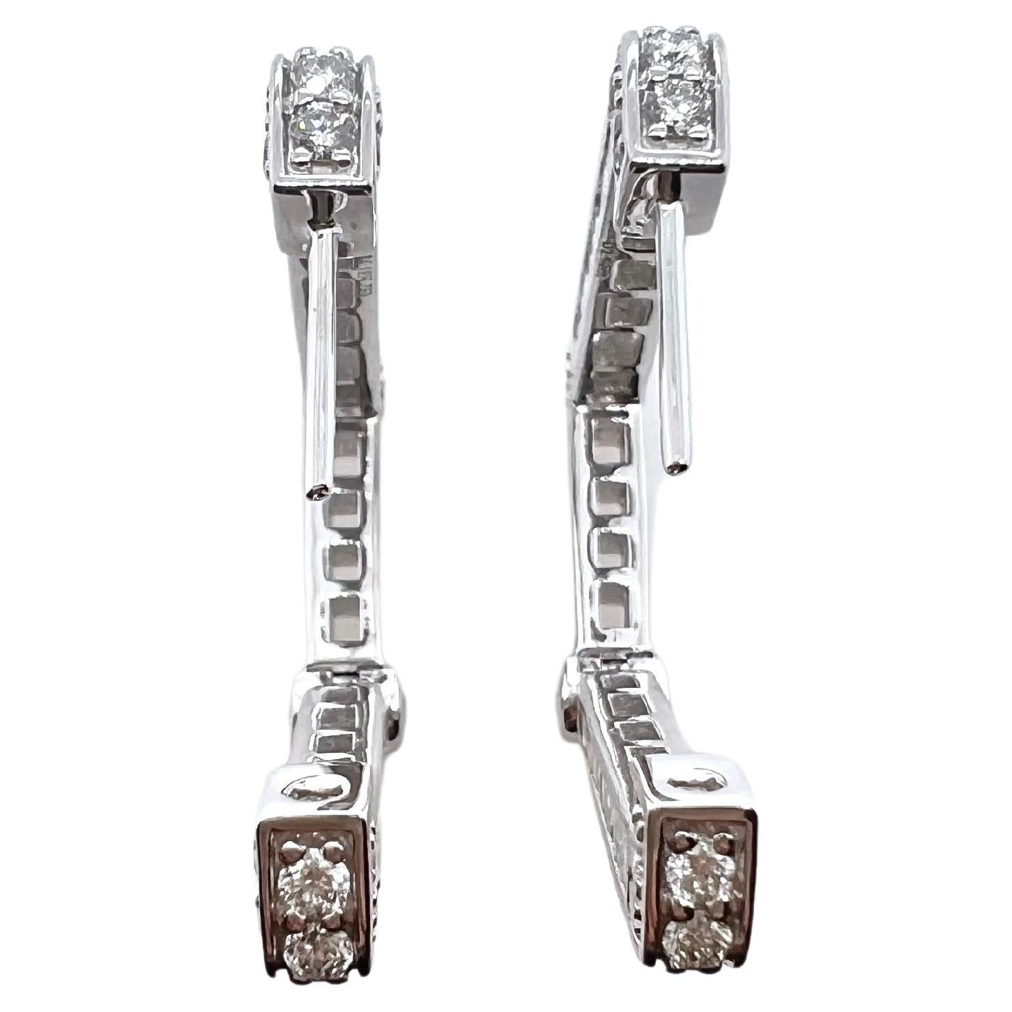 18k White Gold Rectangular Hoop Earrings with 3 Sides of Diamonds In New Condition For Sale In Carrollton, TX