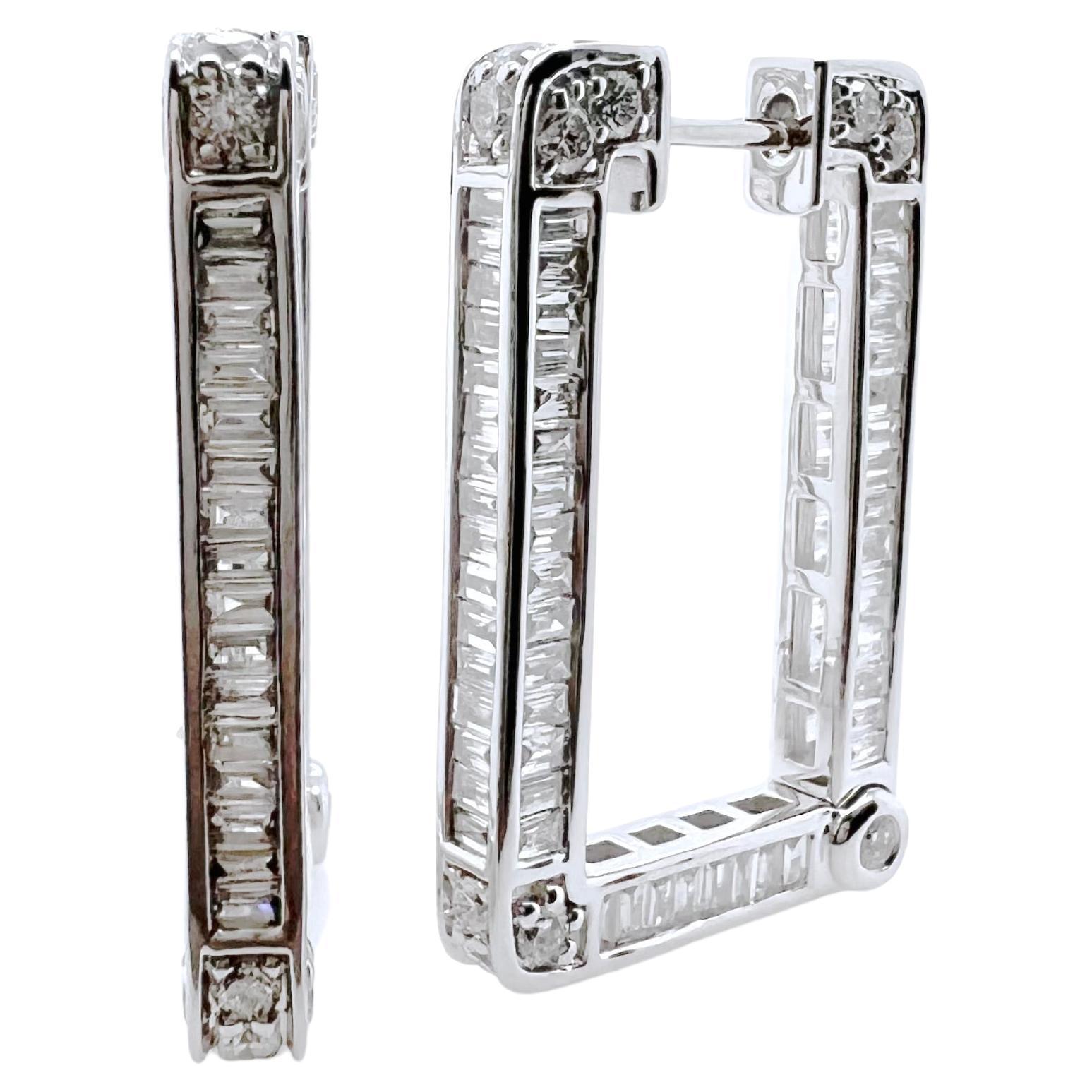 18k White Gold Rectangular Hoop Earrings with 3 Sides of Diamonds For Sale