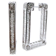 18k White Gold Rectangular Hoop Earrings with 3 Sides of Diamonds