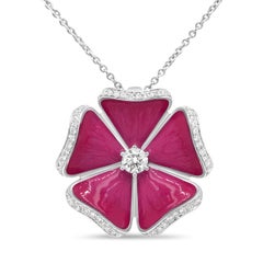 18K White Gold Red Enamel 1/2 Cttw Round Diamond Flower Blossom Pendant Necklace