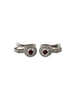 Boucles d'oreilles à levier en or blanc 18K avec pierres rouges et diamants #24991