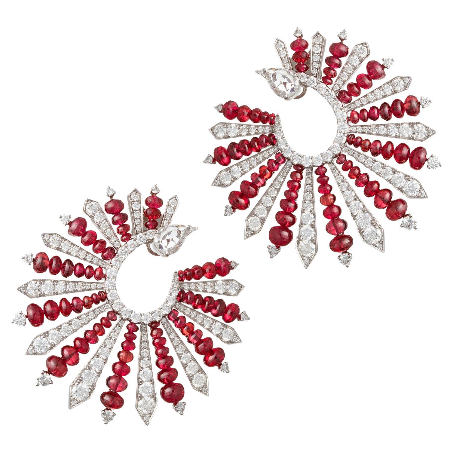 18k White Gold Red Spinel Diamond Fan Earrings