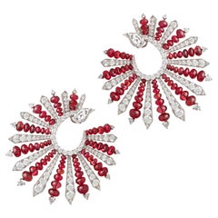 18k White Gold Red Spinel Diamond Fan Earrings