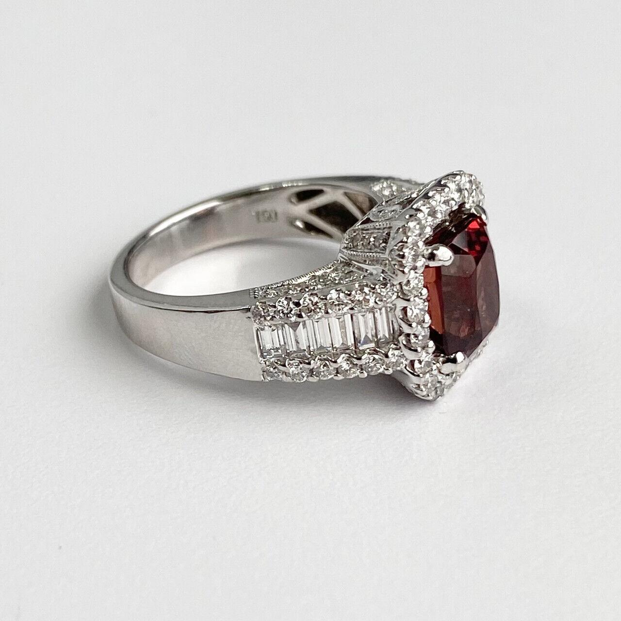 Cushion Cut 18k White Gold Red Spinel Halo and Baguette Ring For Sale
