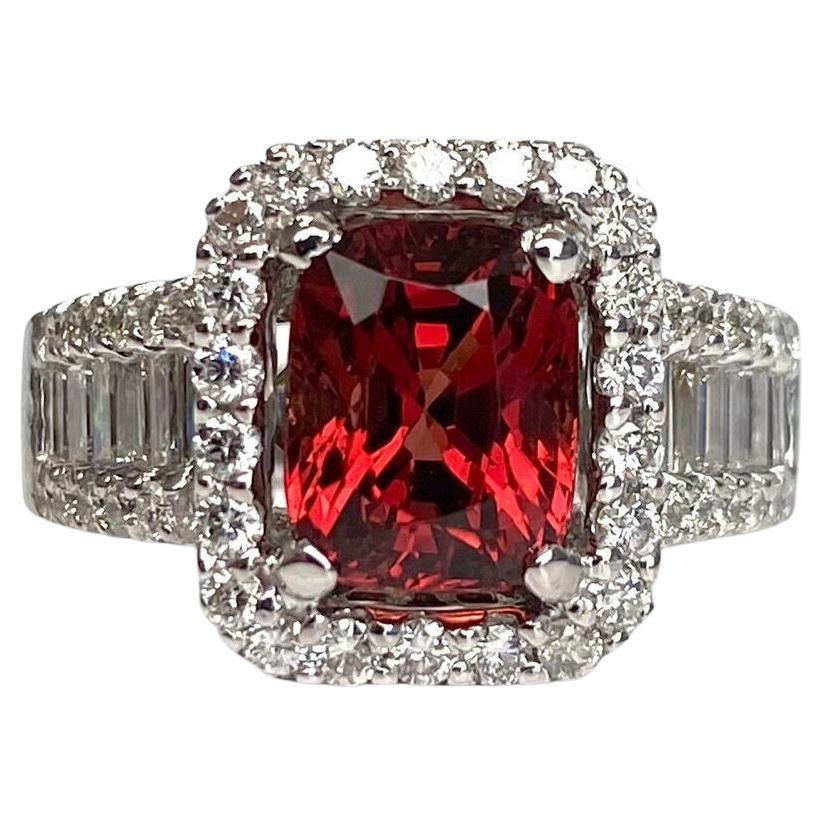 18k White Gold Red Spinel Halo and Baguette Ring For Sale