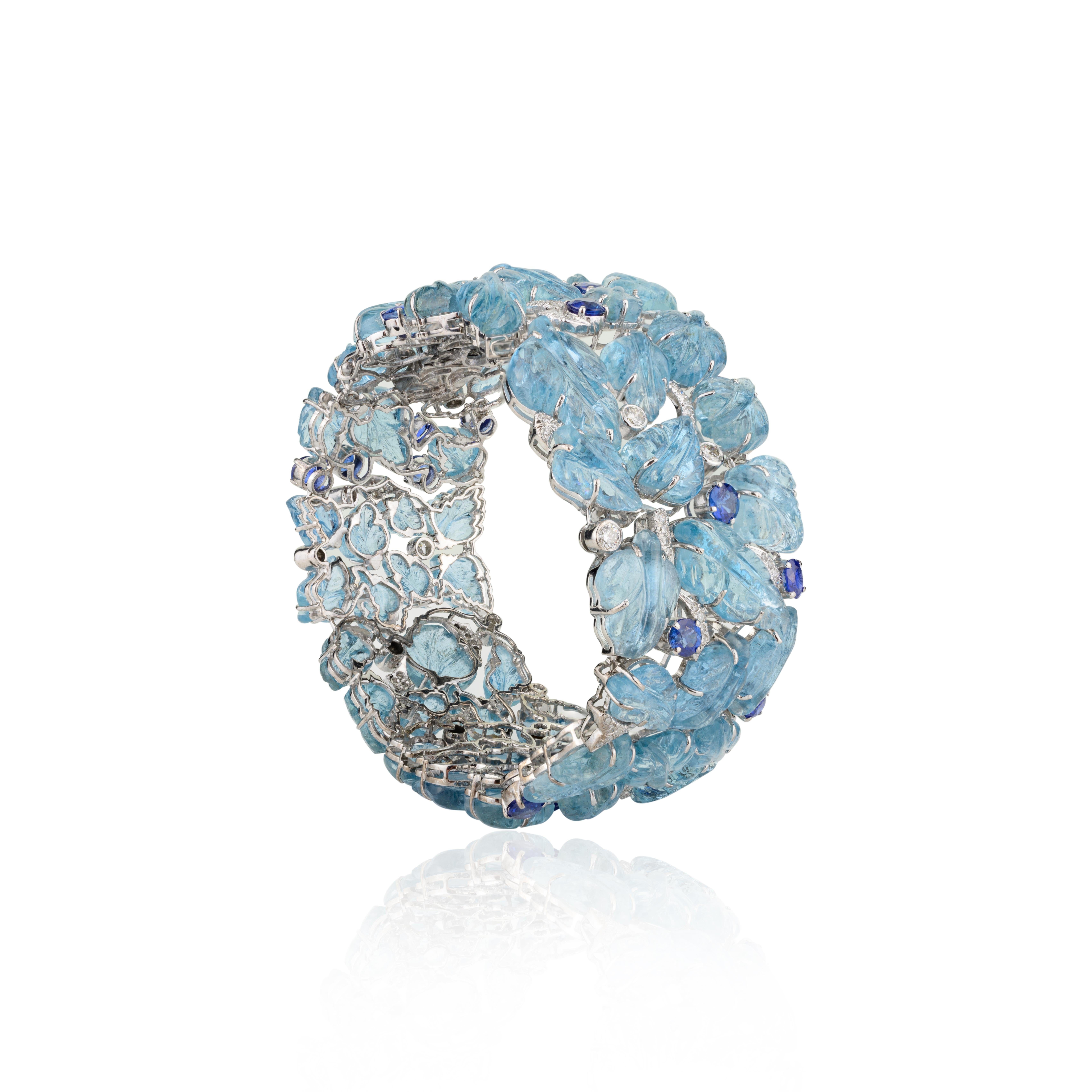 Art Nouveau 18k White Gold Regal 133.15 CTW Aquamarine Sapphire Wide Bracelet for Wedding For Sale