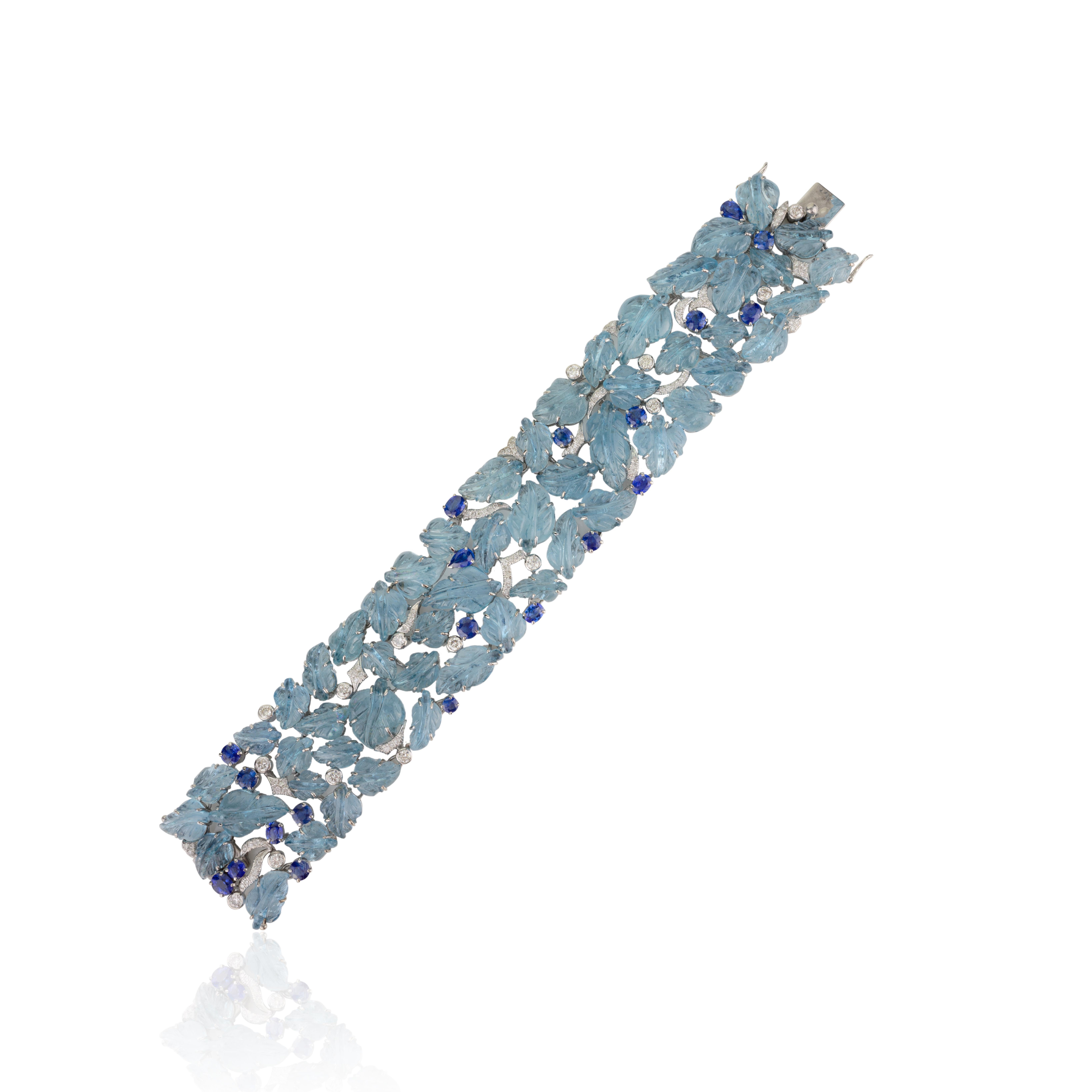 18k White Gold Regal 133.15 CTW Aquamarine Sapphire Wide Bracelet for Wedding In New Condition For Sale In Houston, TX