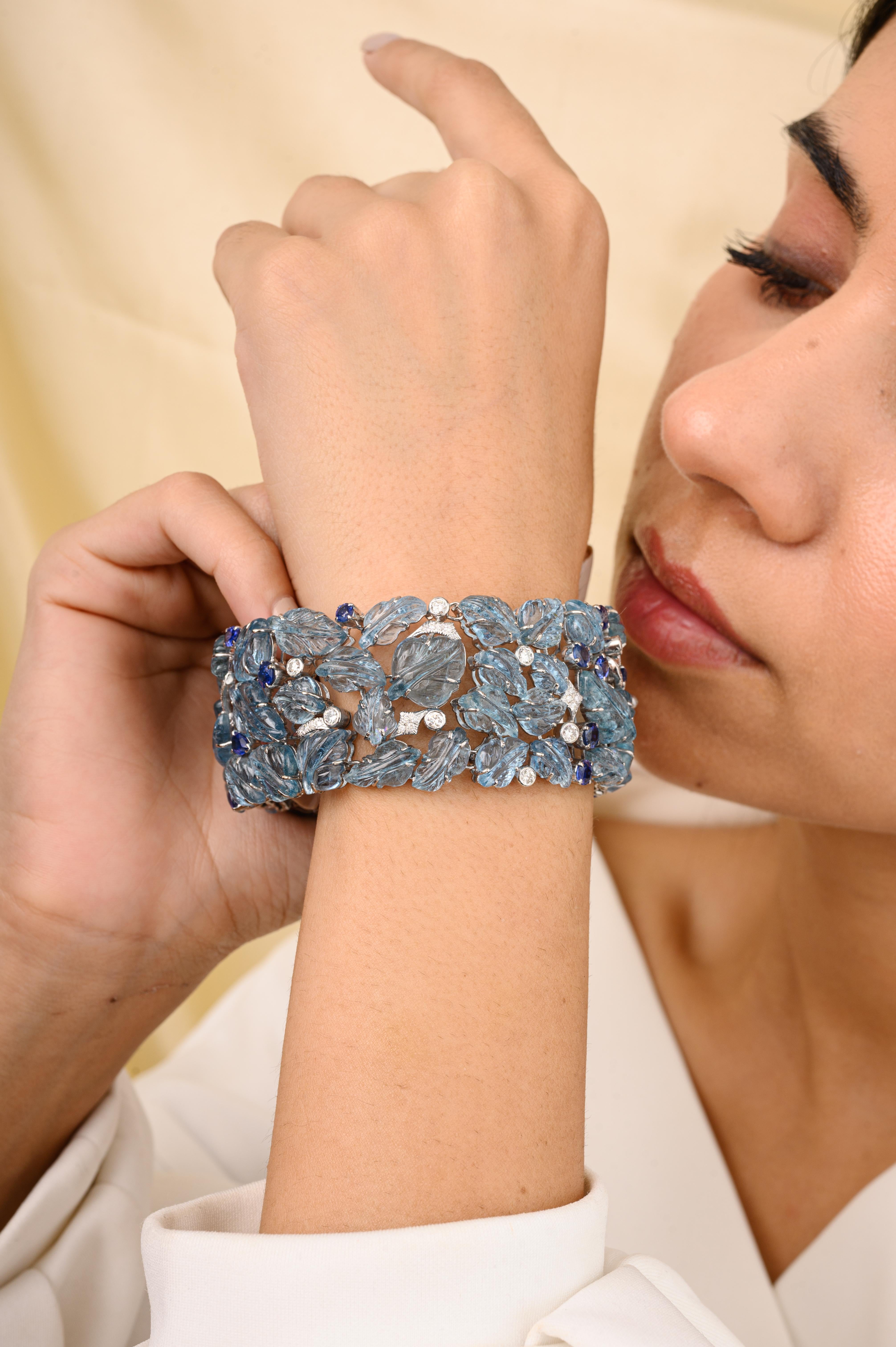 Women's 18k White Gold Regal 133.15 CTW Aquamarine Sapphire Wide Bracelet for Wedding For Sale
