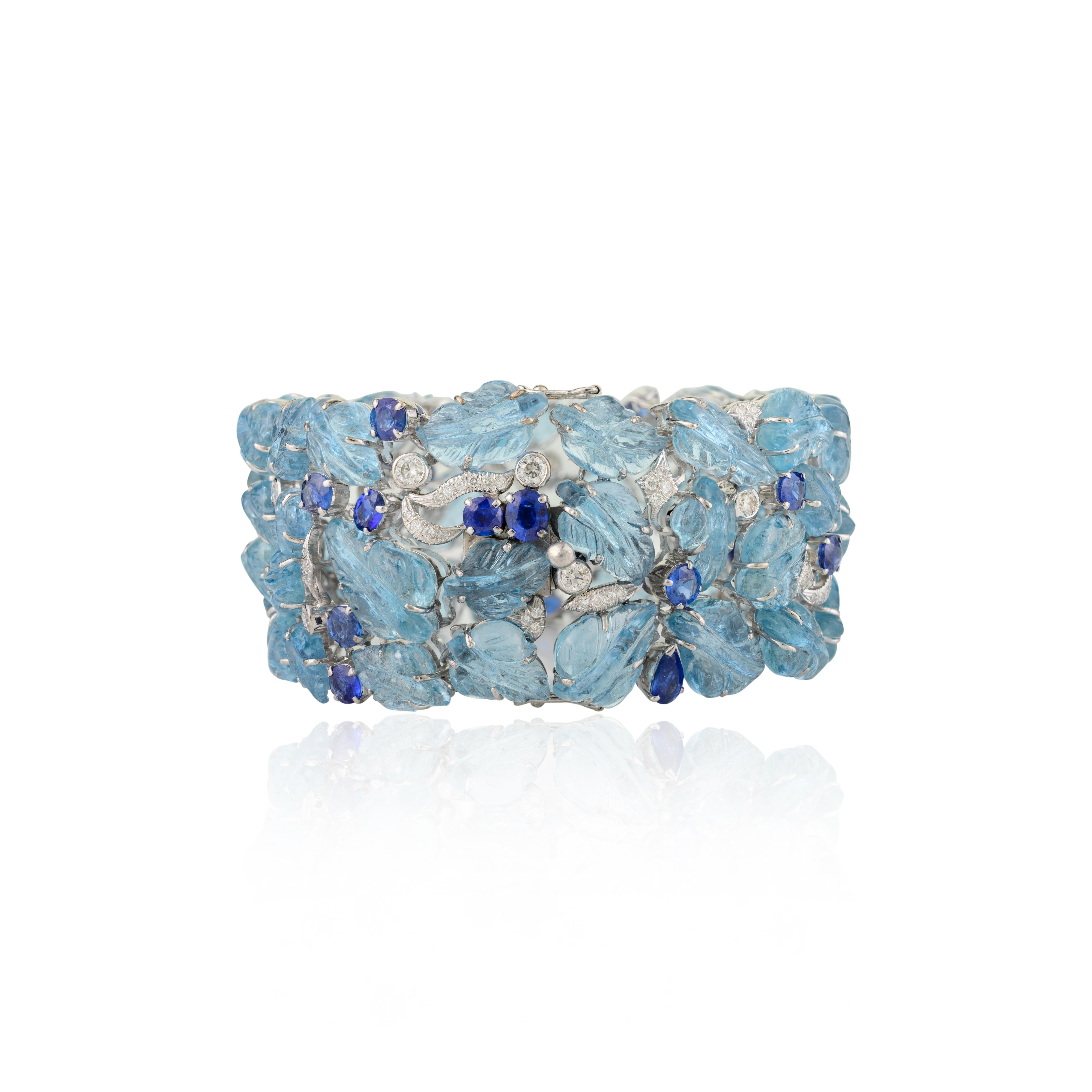 18k White Gold Regal 133.15 CTW Aquamarine Sapphire Wide Bracelet for Wedding For Sale 1
