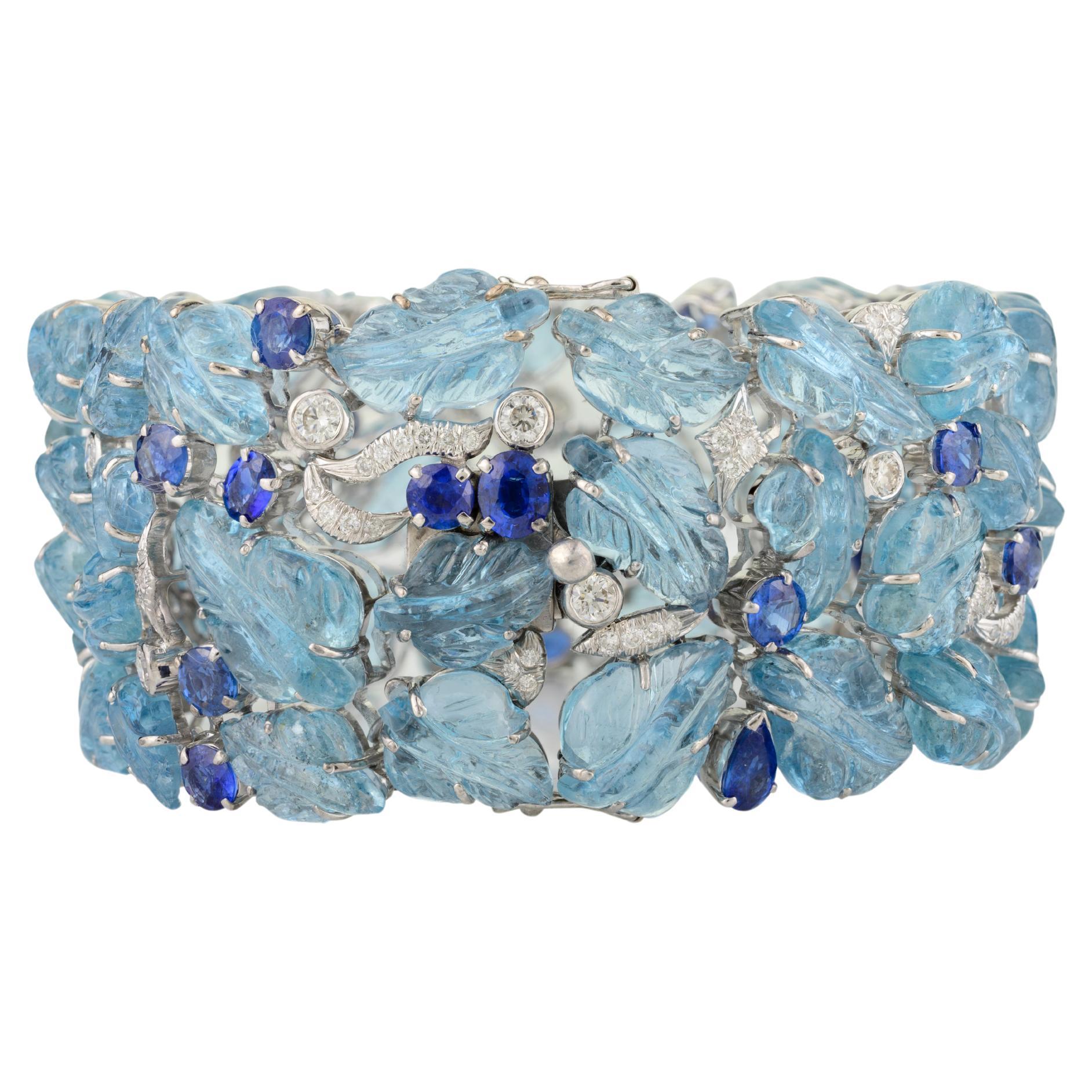 18k White Gold Regal 133.15 CTW Aquamarine Sapphire Wide Bracelet for Wedding For Sale