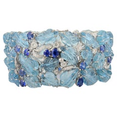 18k White Gold Regal 133.15 CTW Aquamarine Sapphire Wide Bracelet for Wedding