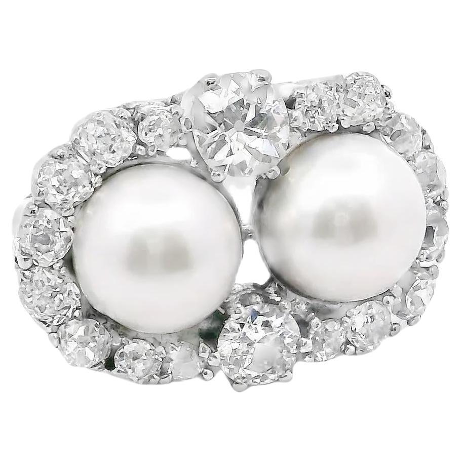 18K White Gold Retro Diamond Pearl Ring