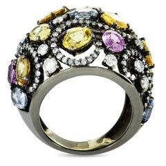 18 Karat Gold Rhodium-Plated Diamond and Yellow Blue and Pink Sapphire Wide Ring