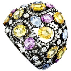 18 Karat Gold Rhodium-Plated Diamond and Yellow Blue and Pink Sapphire Wide Ring