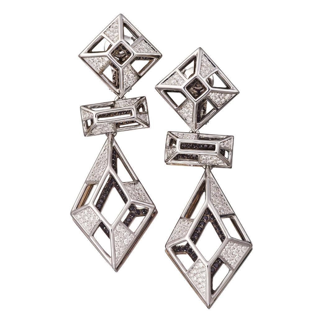 Modern 18 Karat Gold Rhodium Silver White and Black Diamonds and Spinel Earrings Aenea For Sale