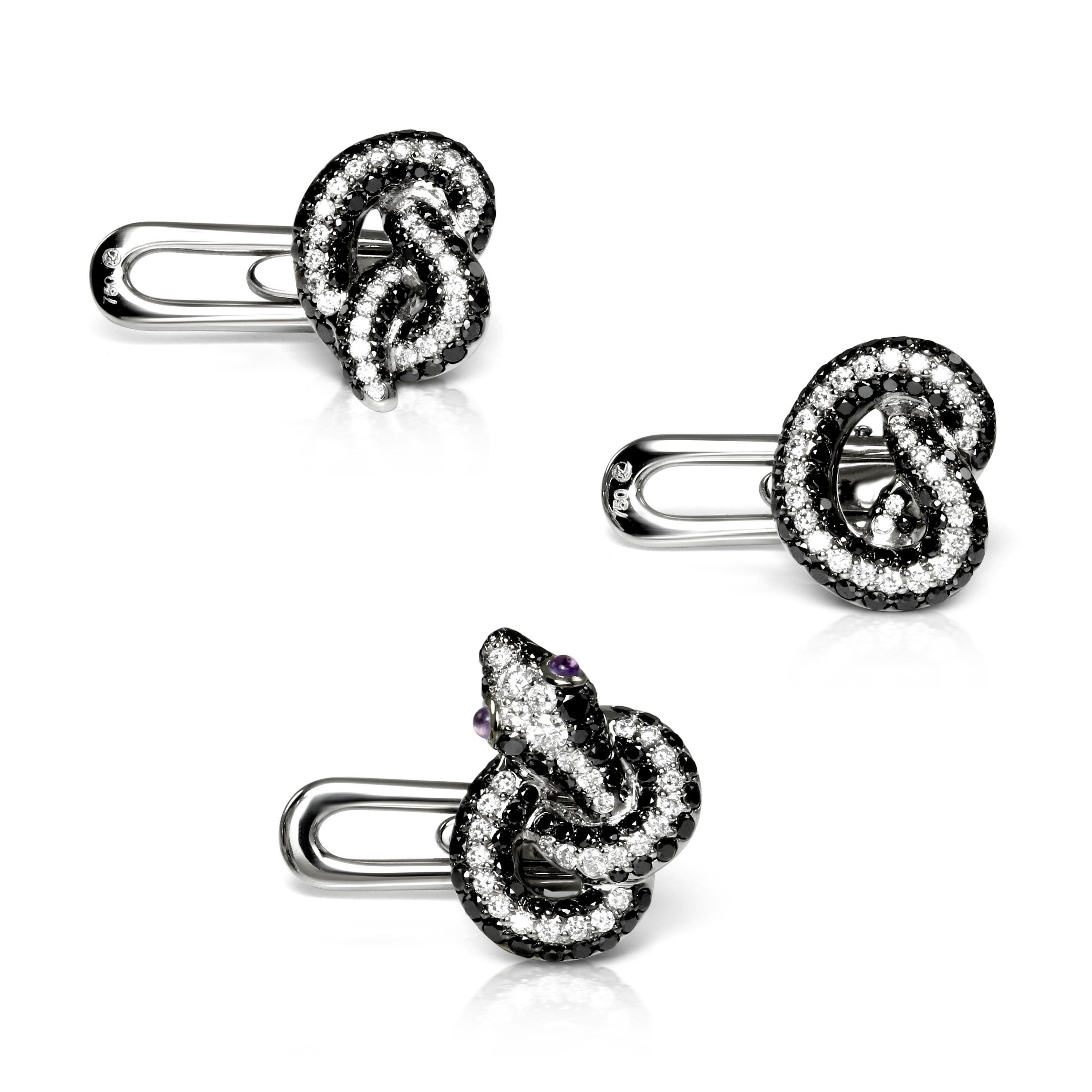 AENEA Boutons de manchette en or 18 carats, rhodium, diamants blancs, diamants noirs et améthystes Pour hommes en vente