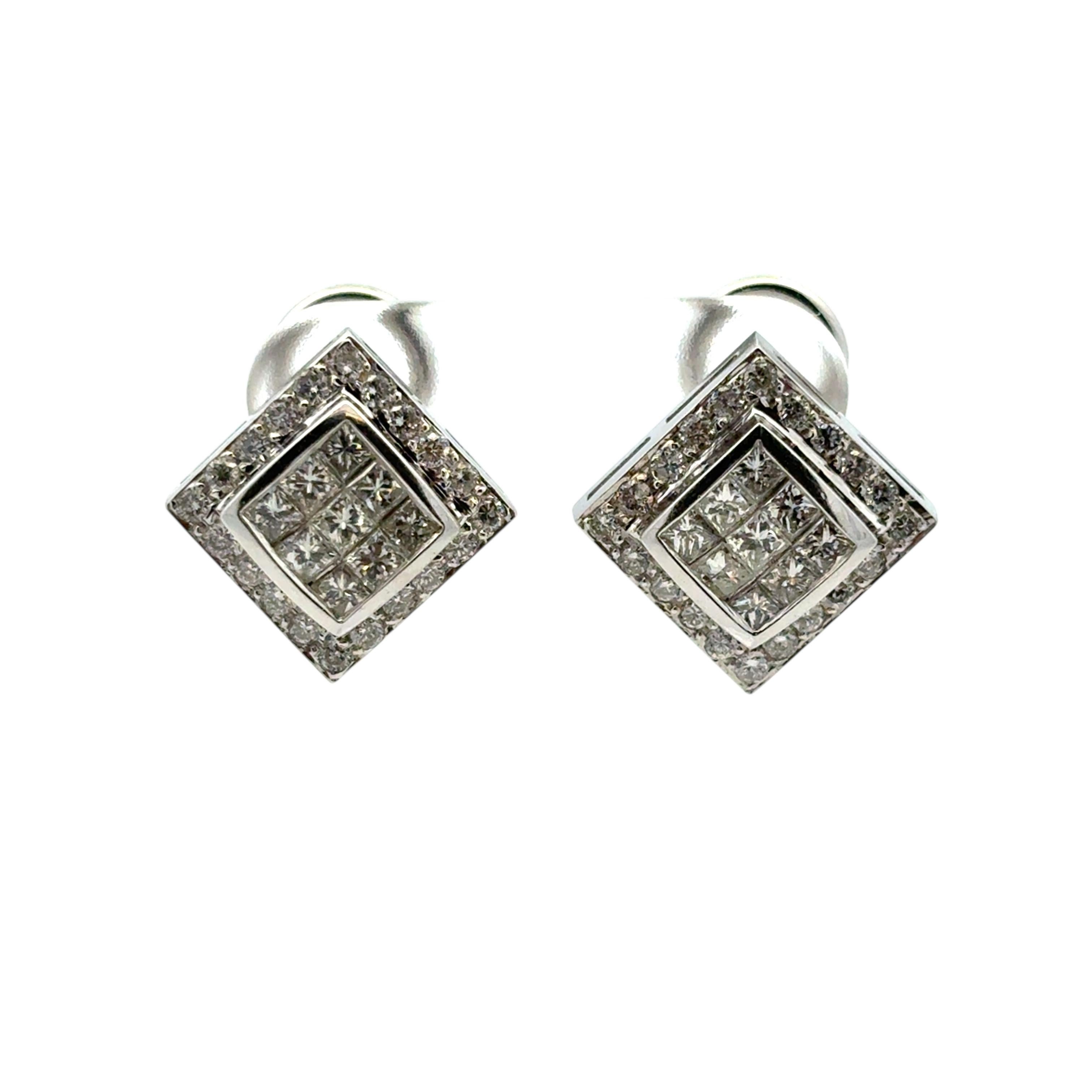 Boucles d'oreilles en or blanc 18k Rhombus approx. 0.82ctw Square Diamond Earrings Pour femmes en vente