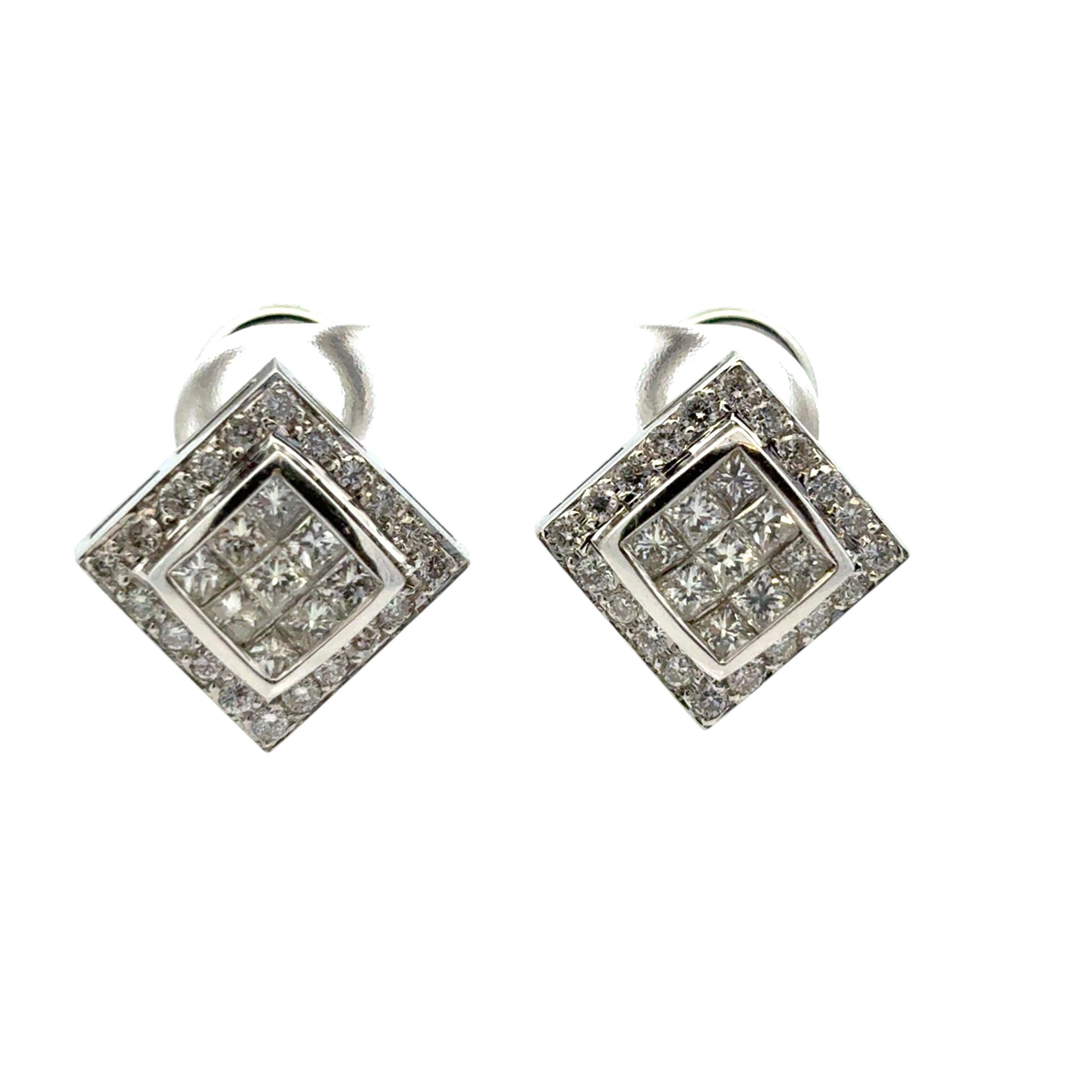 Boucles d'oreilles en or blanc 18k Rhombus approx. 0.82ctw Square Diamond Earrings en vente 2