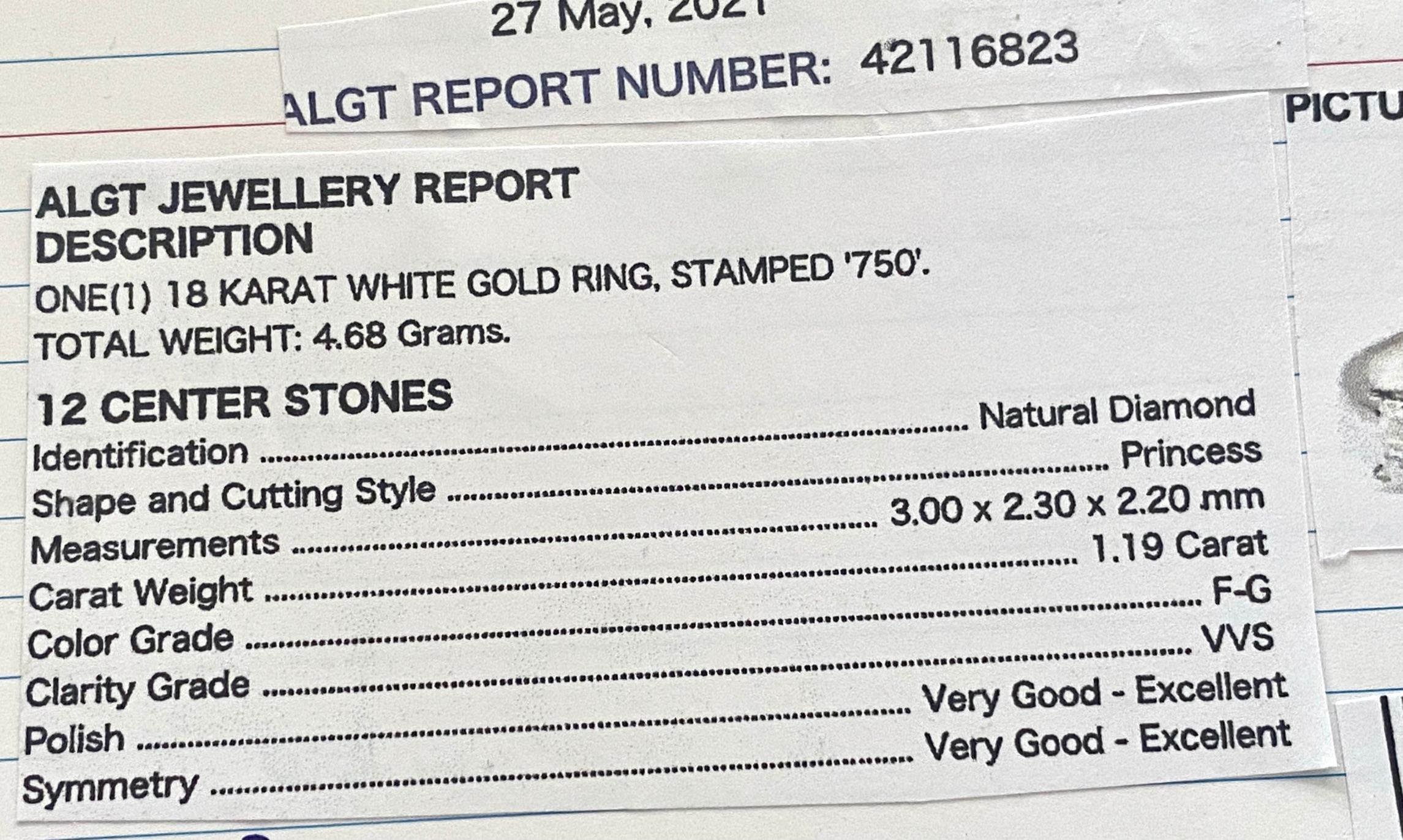 18k, White Gold Ring, 12 Princess Cut Diamonds 1.19ct. VVS-F-G For Sale 4