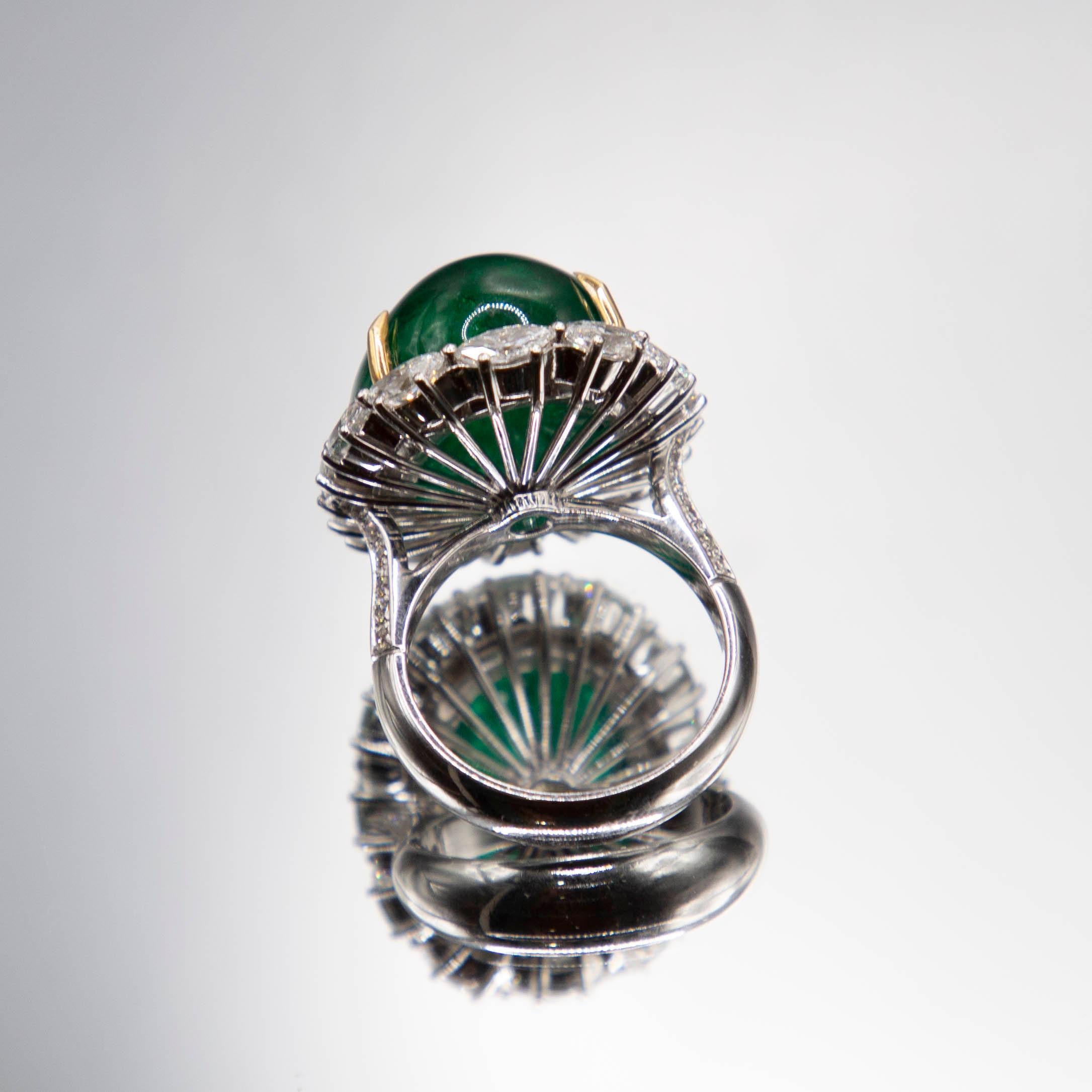 Cabochon 18k White Gold Ring /27.85 Carat Oval Emerald Cut Encabachon/2.78 Cts. Diamonds For Sale