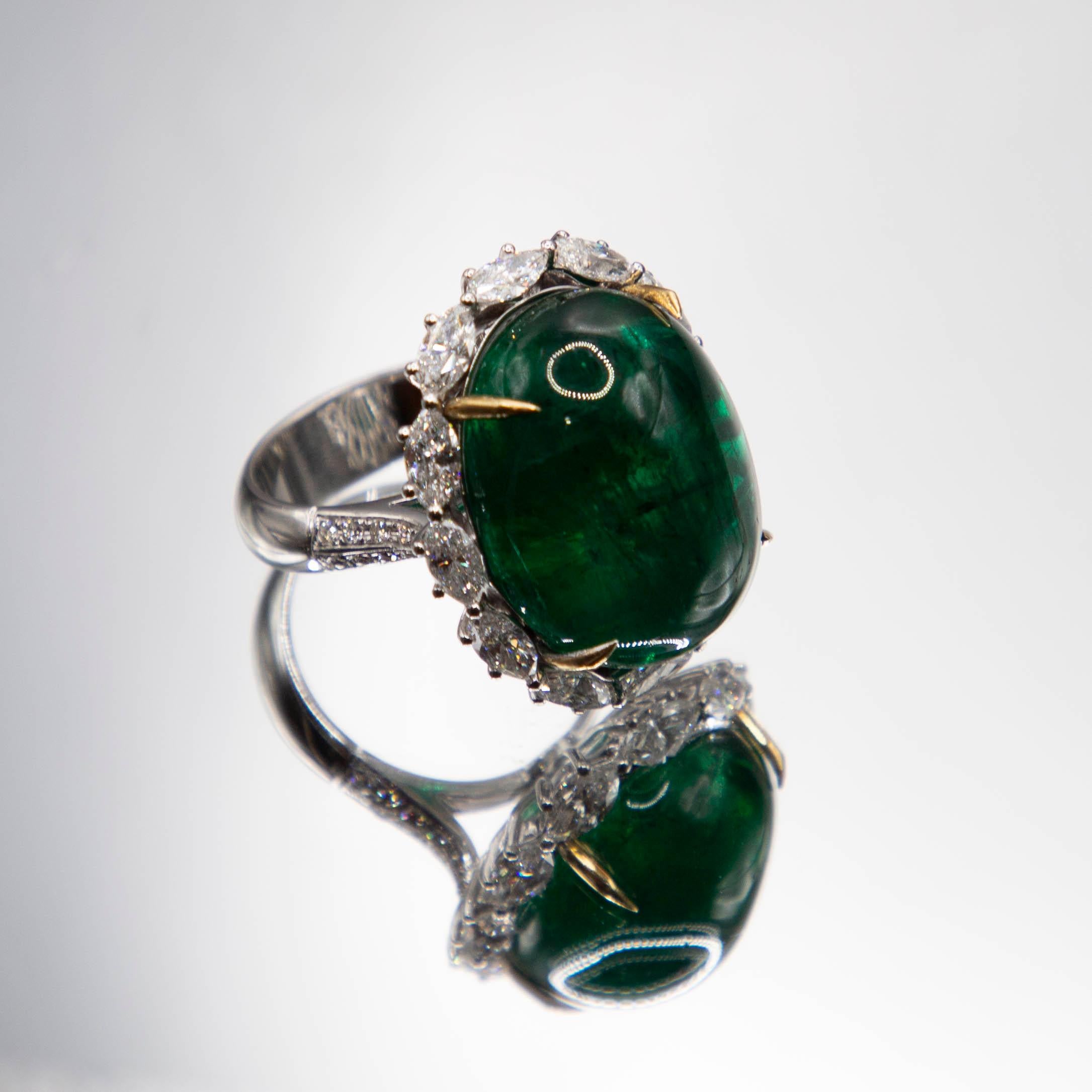 18k White Gold Ring /27.85 Carat Oval Emerald Cut Encabachon/2.78 Cts. Diamonds For Sale 1