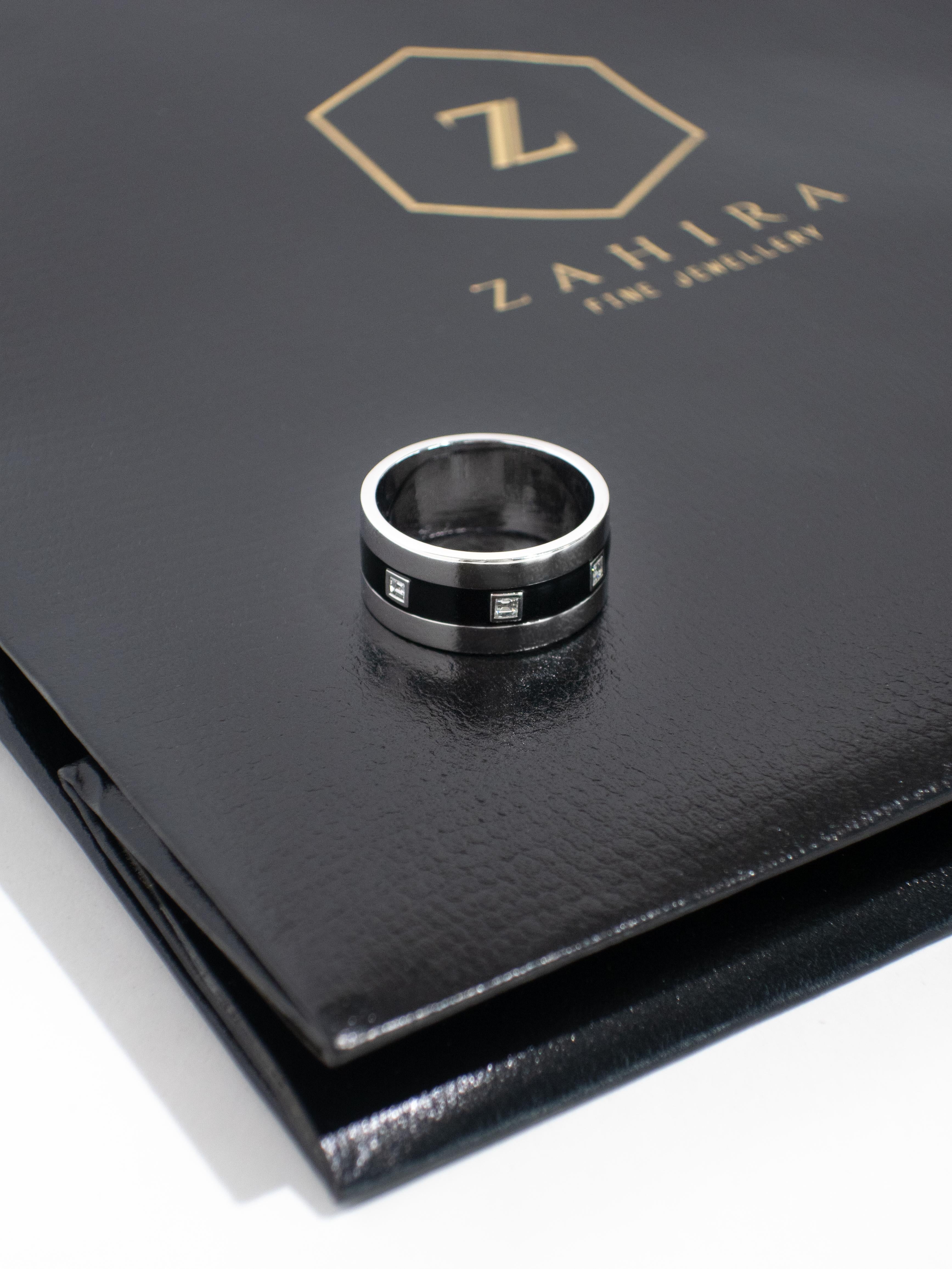 Art Deco 18k White Gold Ring and Black Enamel Ring with Diamonds For Sale
