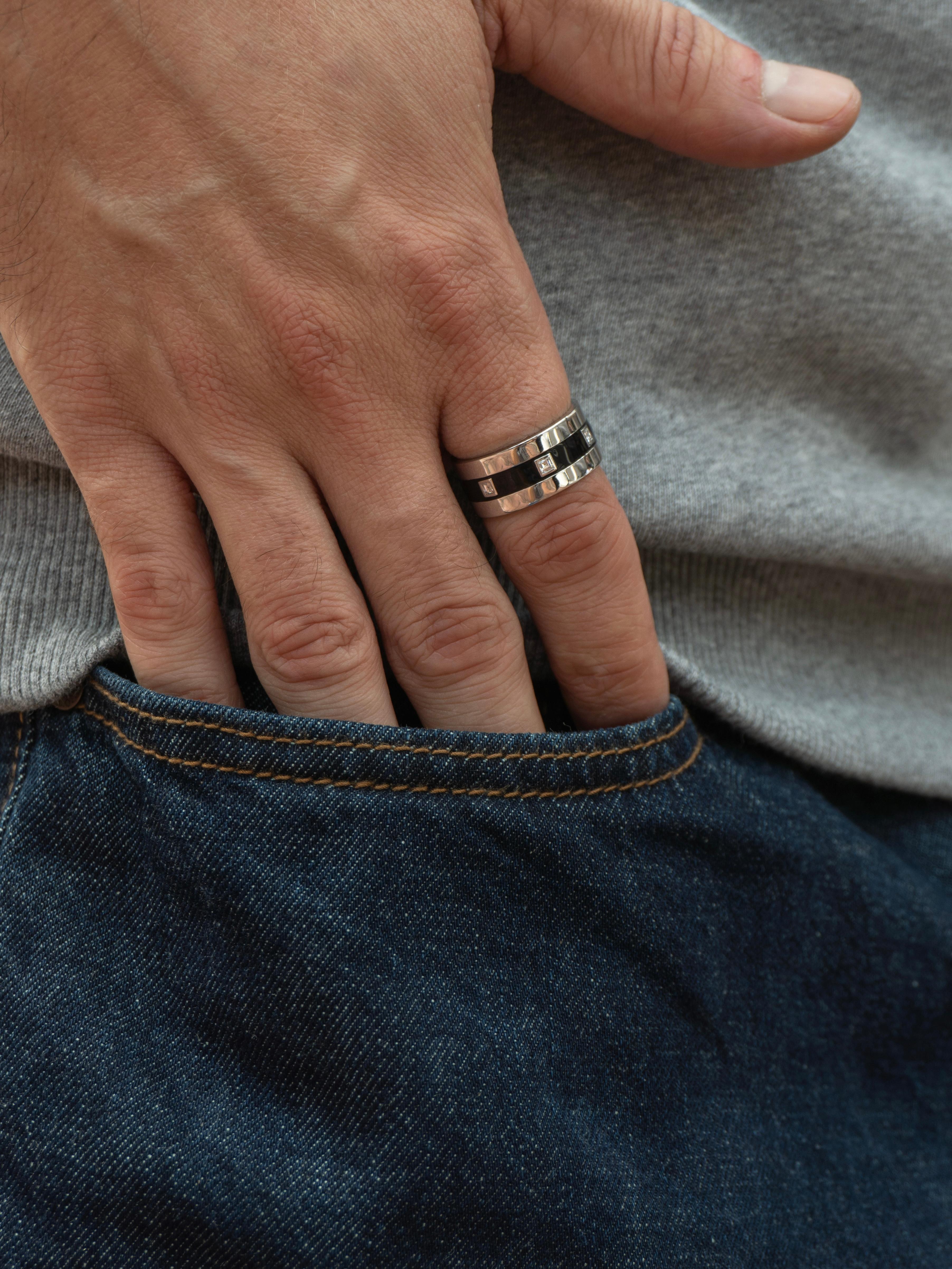 Men's 18k White Gold Ring and Black Enamel Ring with Diamonds For Sale