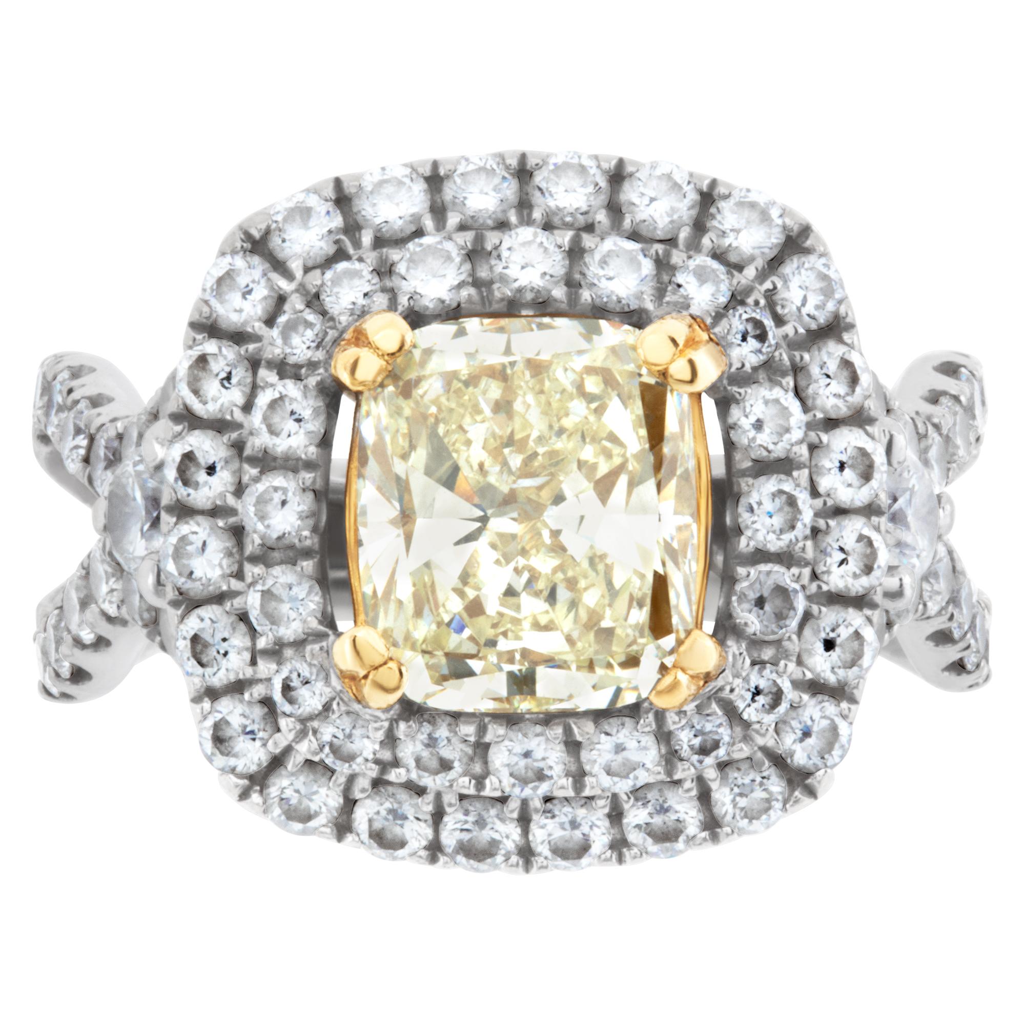 GIA certified cushion modified brilliant cut diamond 2.03 carat (M color, SI1 clarity) ring set in 18k white gold setting with approximately 1.50 carats in G-H color, VS-SI clarity diamond accents and 22k yellow gold basket for a Fancy Yellow look.