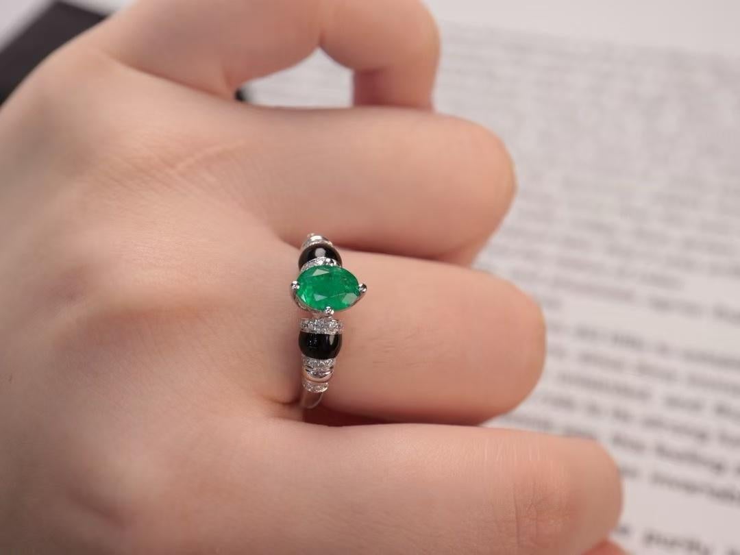 Emerald Cut 18K White Gold Zambian Emerald Ring with Diamonds For Sale