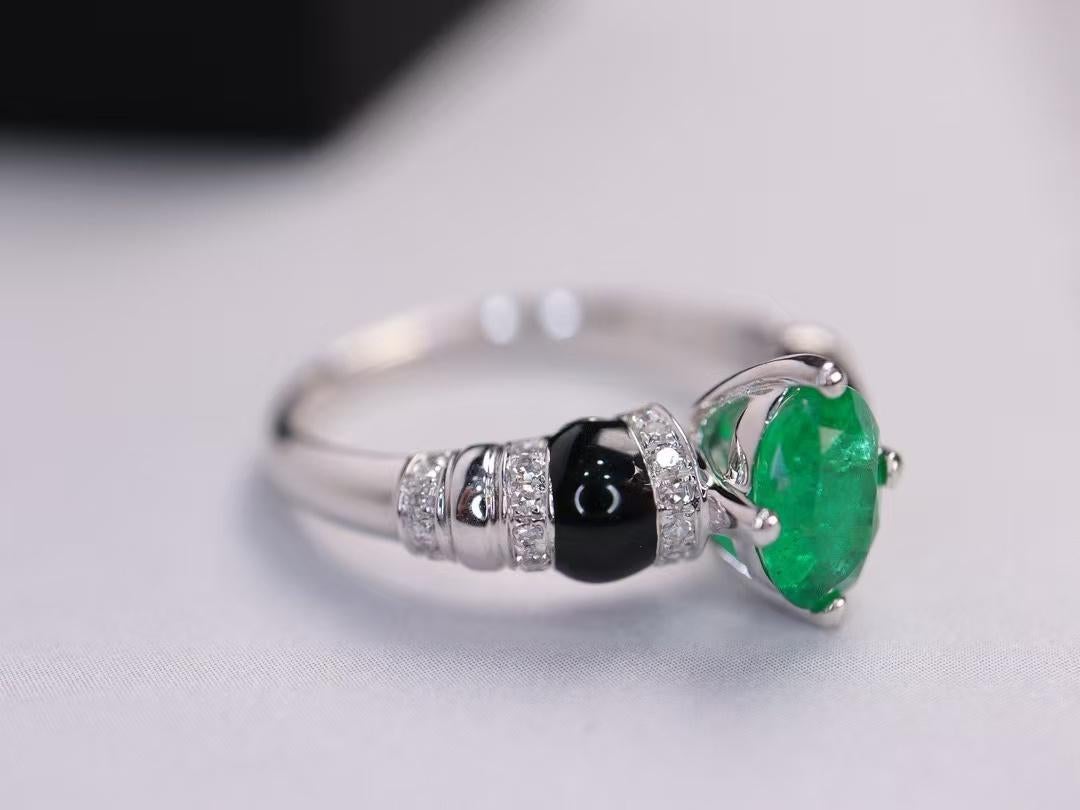 Women's or Men's 18K White Gold Zambian Emerald Ring with Diamonds For Sale